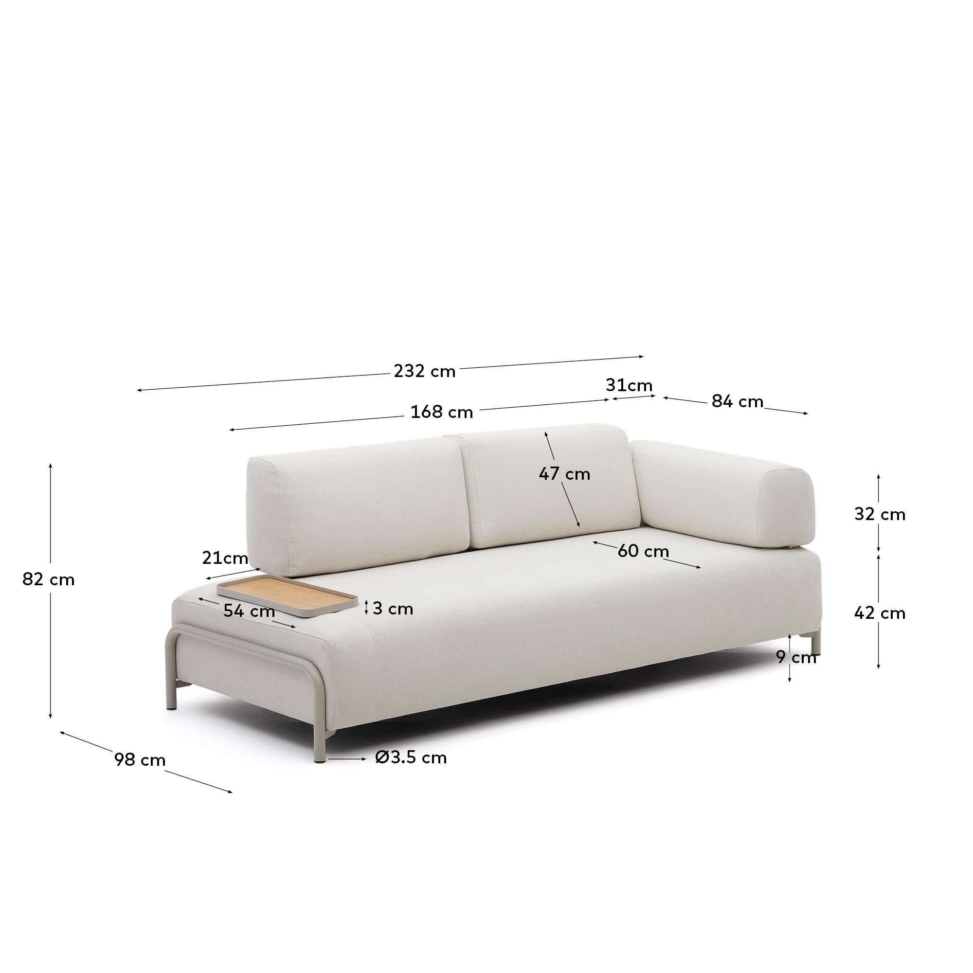 콤포 스페인 직수입 모듈형 3인소파 셔닐 베이지 232cm (암레스트1+트레이1) - 크기