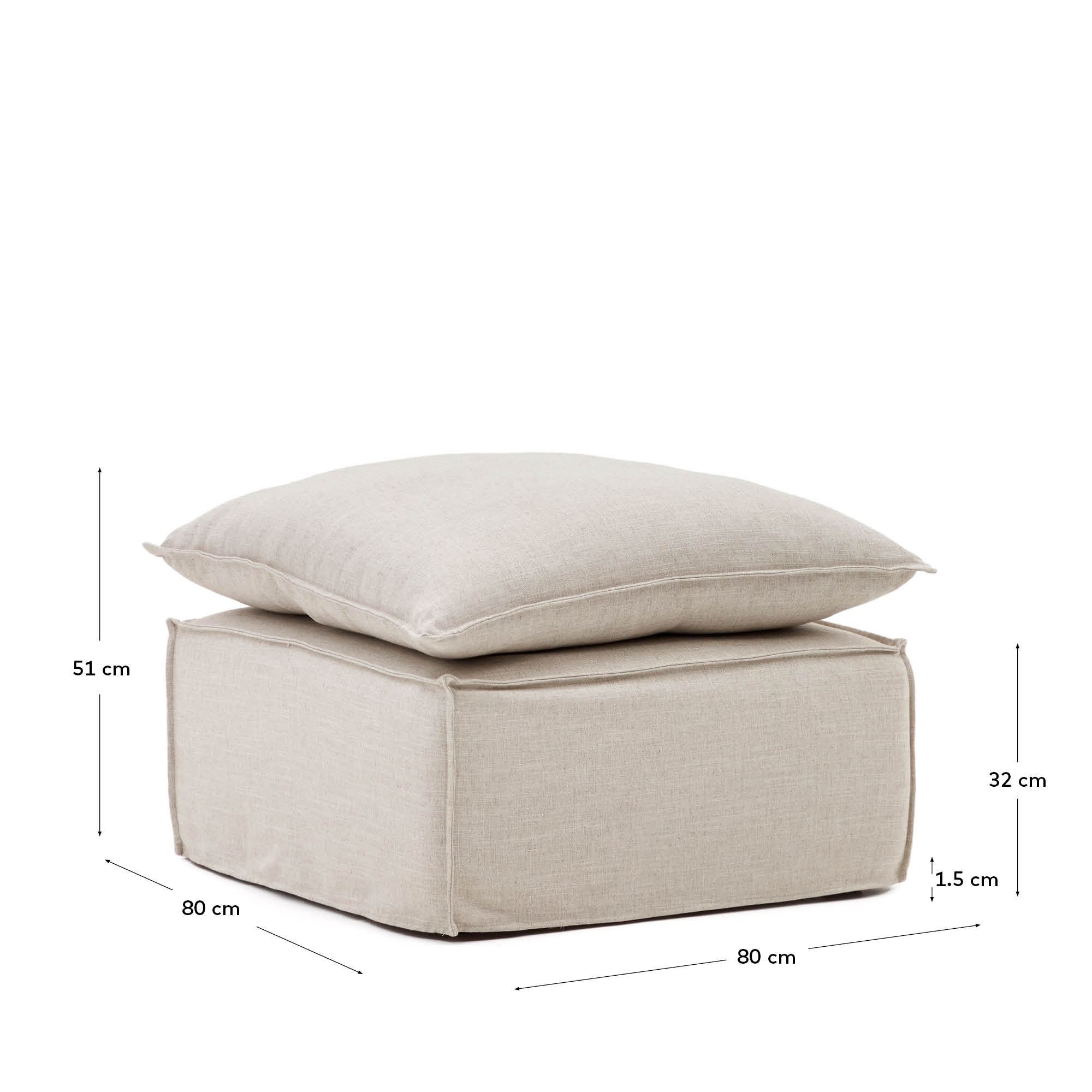 Anarela removable-cover footstool with beige linen cushion FSC Mix Credit 80 x 80 cm.