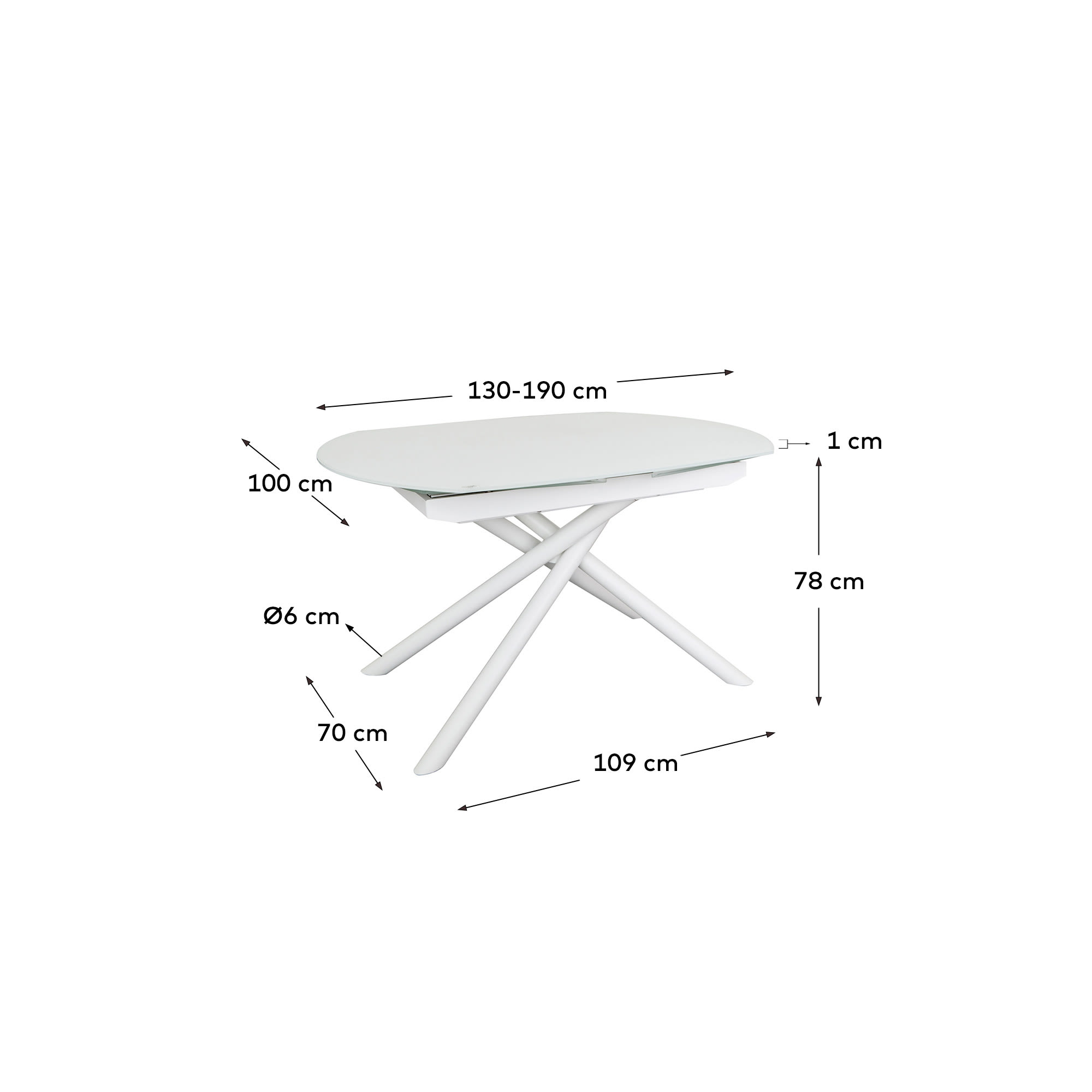 Yodalia extendable table in tempered glass with steel legs in a white finish 130(190)x100 cm