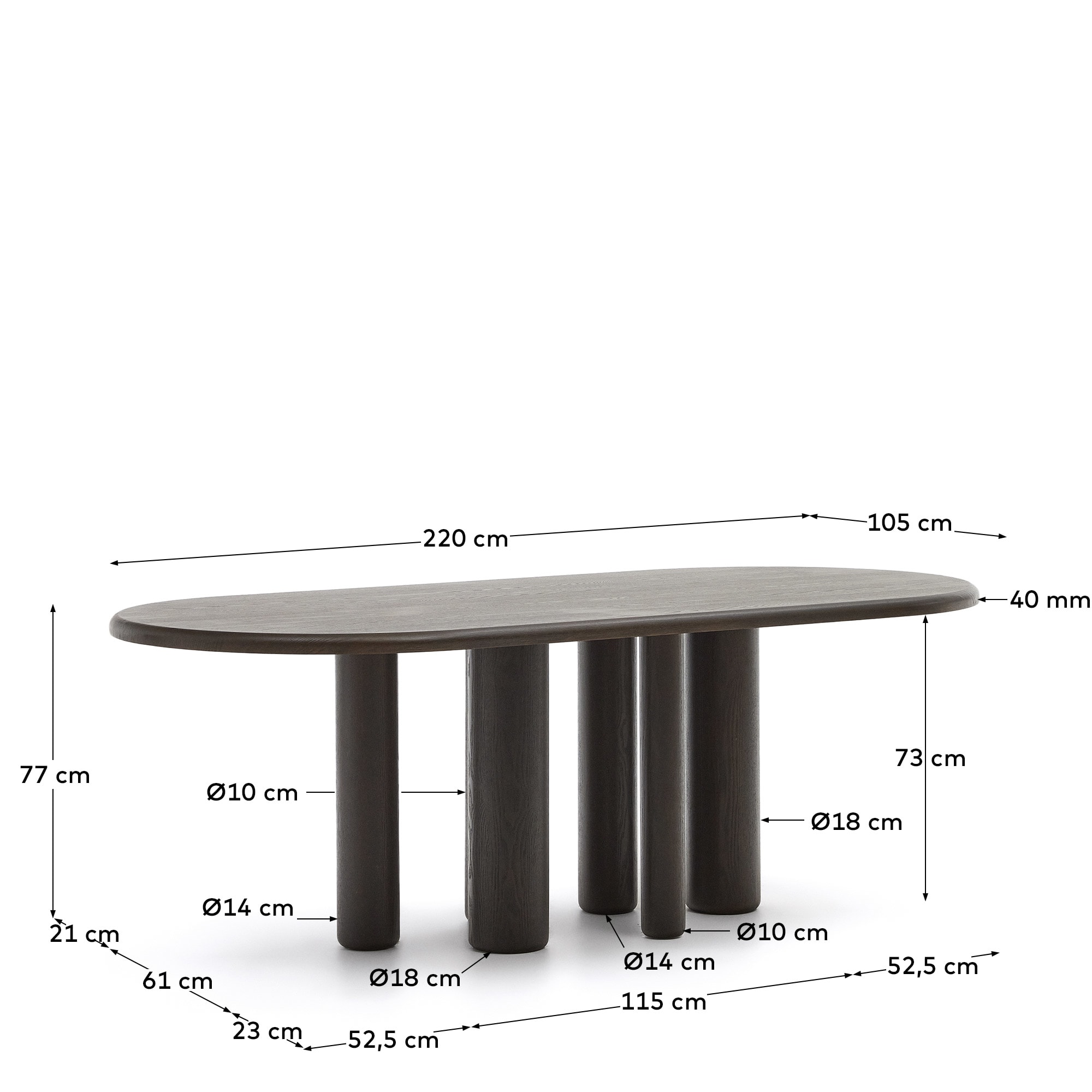 마일렌 타원형 애쉬나무 다크 무늬목 테이블 Ø 220 x 105 cm - 크기