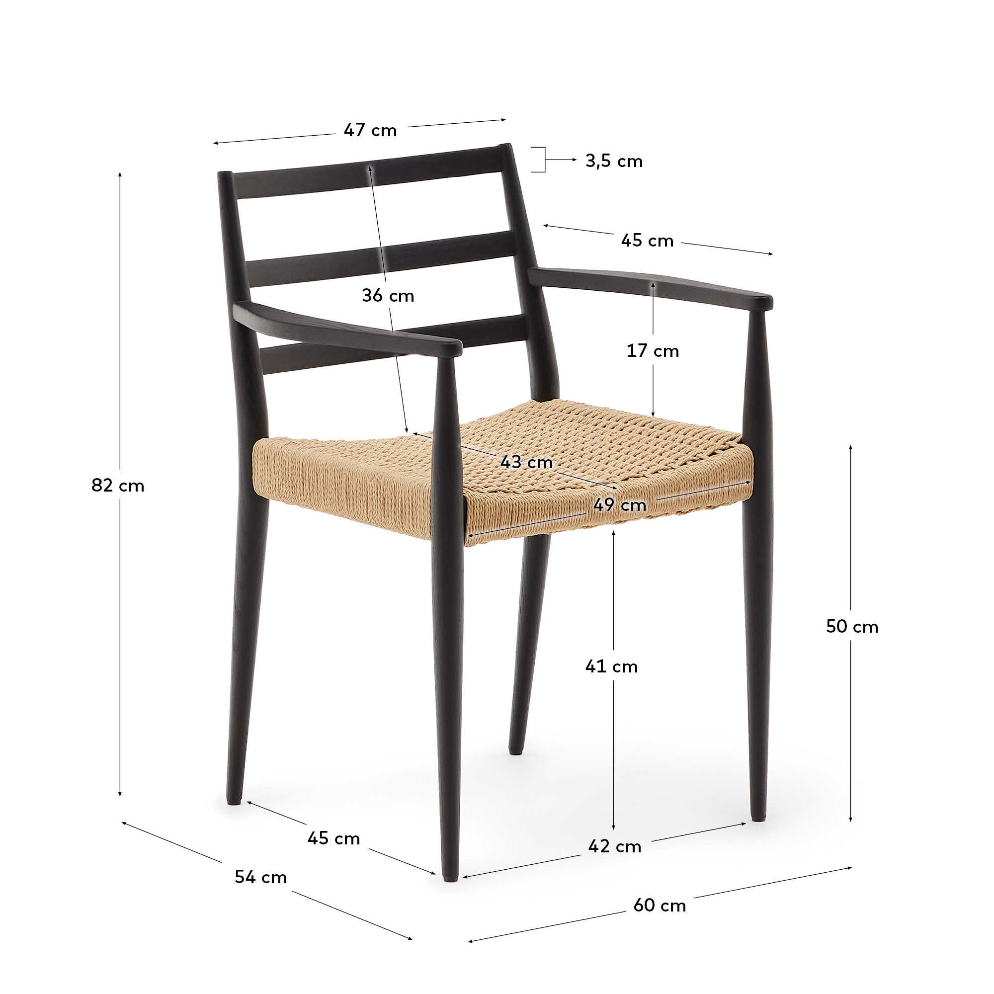 Analy chair with armrests in solid oak wood in a black finish and rope cord seat FSC 100% - sizes