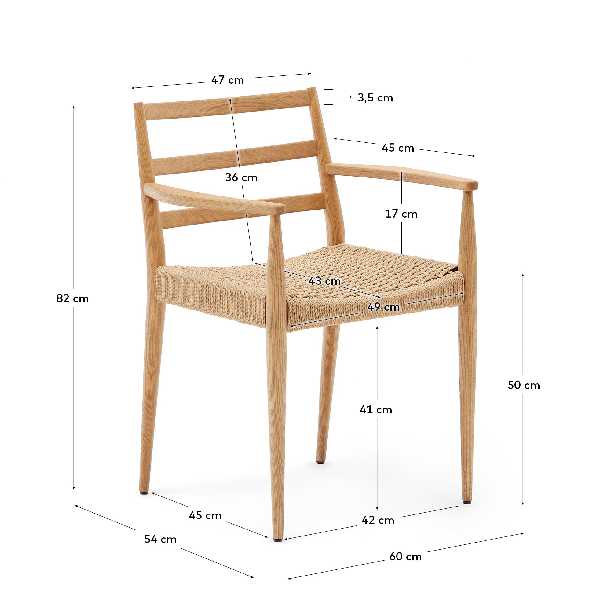 Analy chair with armrests in solid oak wood in a 100% FSC natural finish and rope cord seat - 크기