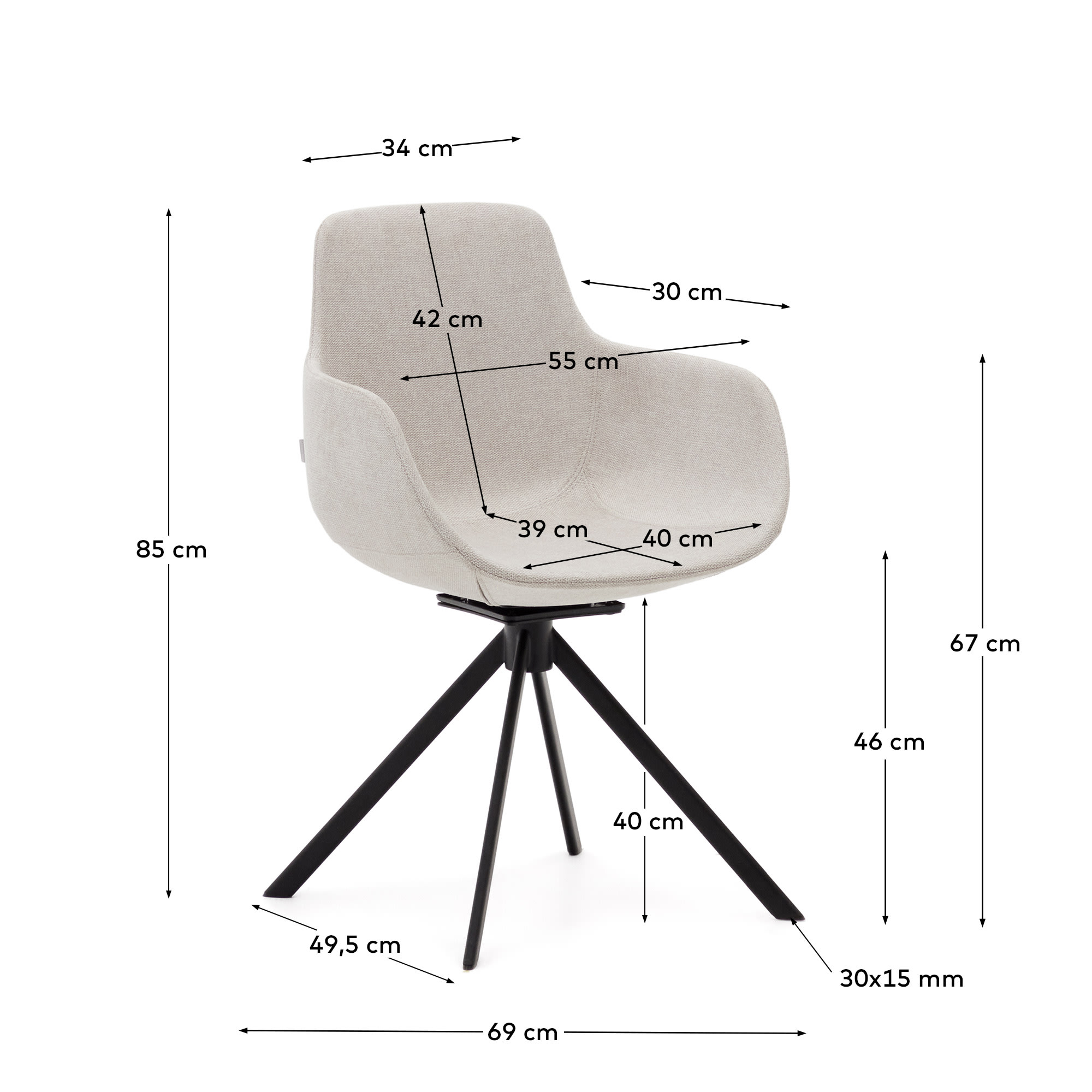 Tissiana self-centring swivel chair in beige chenille and matte black aluminium