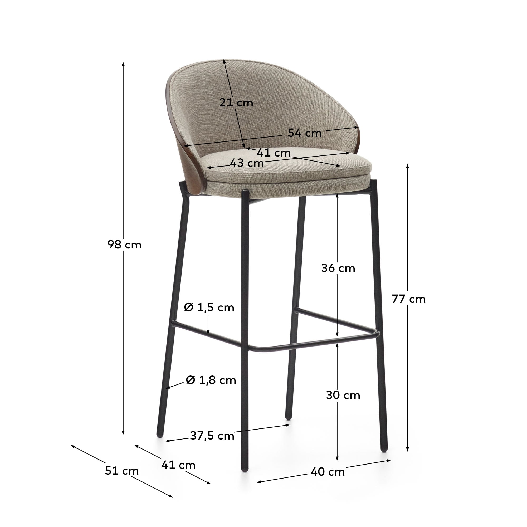 Eamy stool light brown chenille and ash wood veneer with a walnut finish and black metal 77 cm