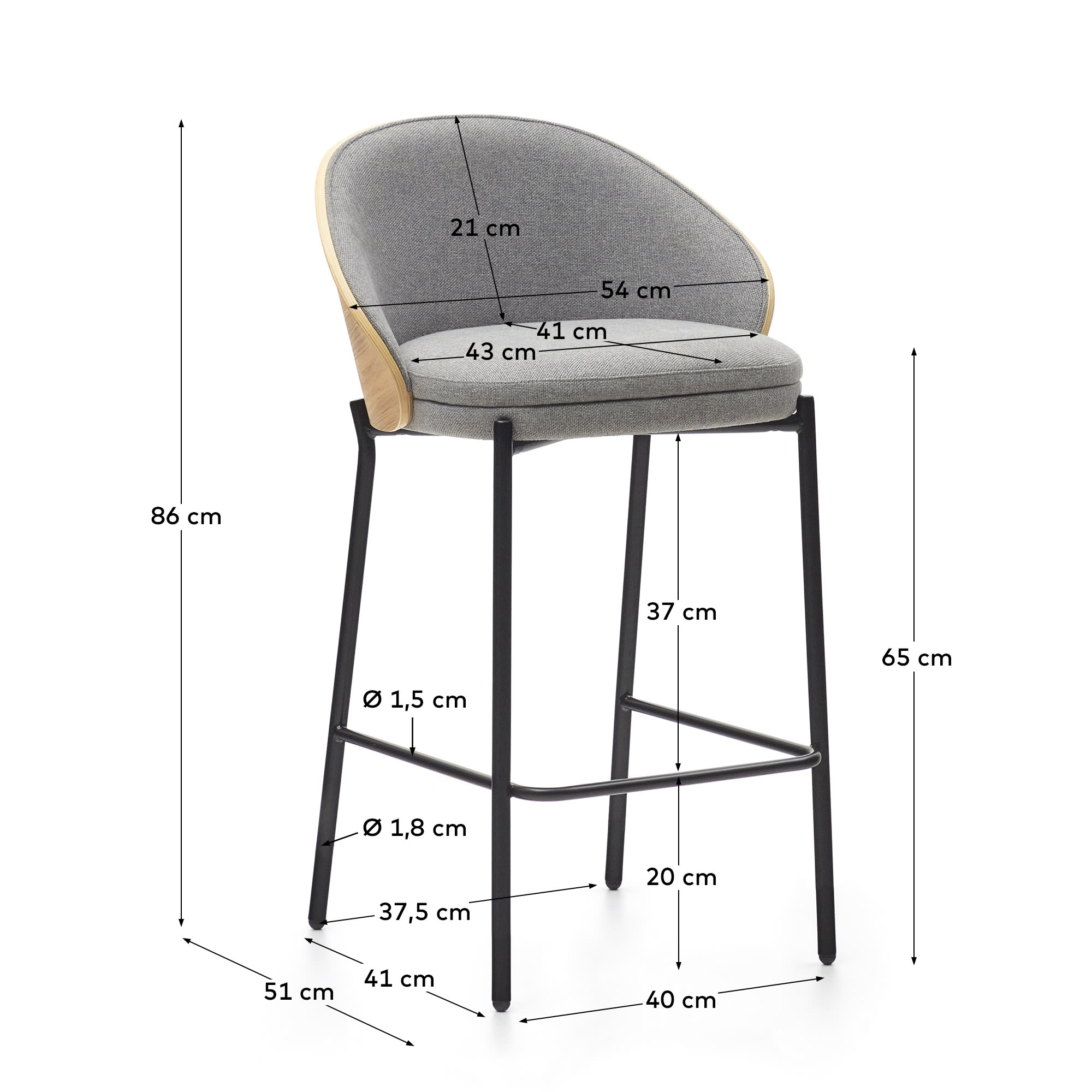 Eamy stool light grey chenille and ash wood veneer with a natural finish and black metal, 65 cm
