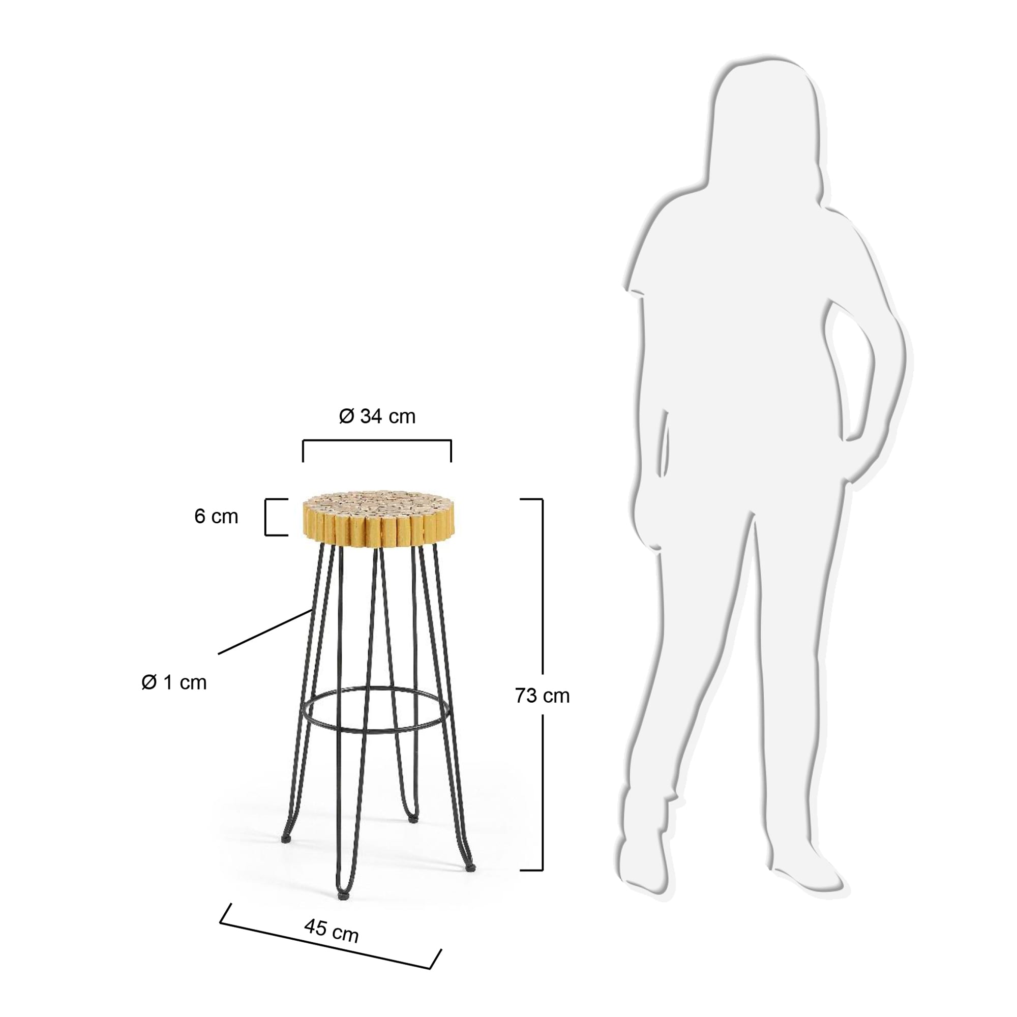 Everet solid mungur wood bar stool with black metal legs - sizes