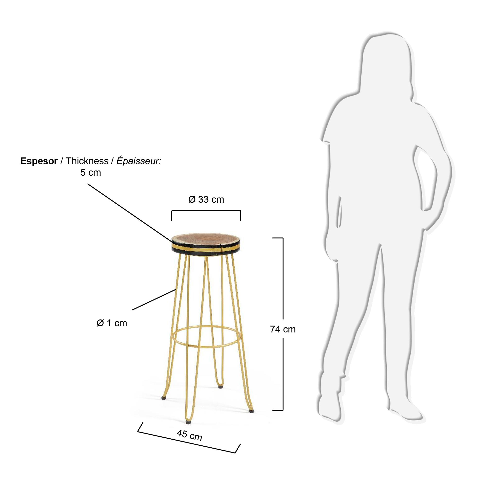 Faye solid mungur wood & steel stool with a gold finish, 74 cm height - sizes