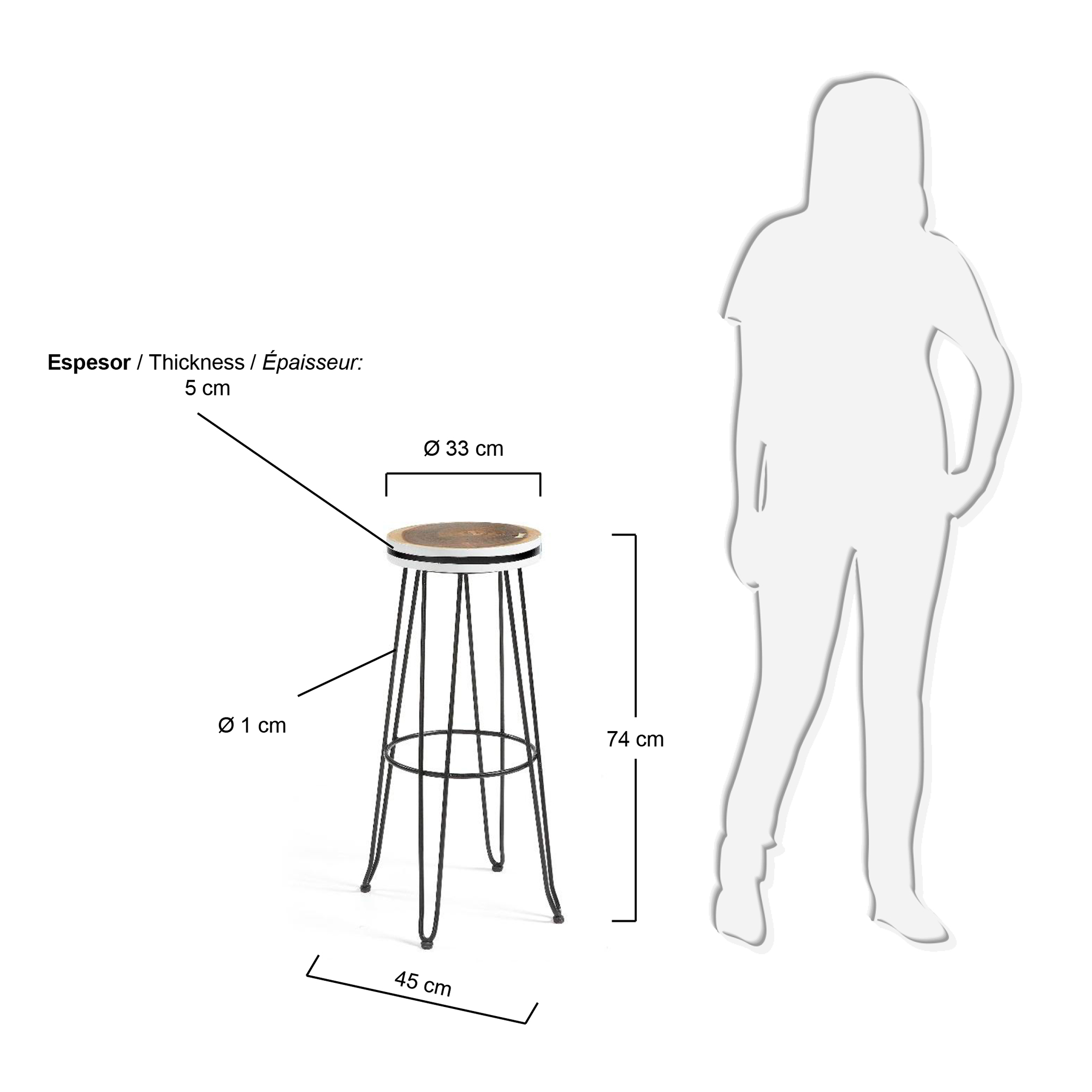 Faye solid mungur wood & steel stool with a copper effect finish, 74 cm height - sizes