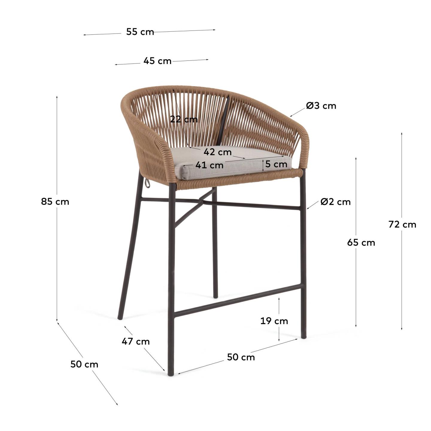 Yanet stool made from beige cord and galvanised steel, height 65 cm