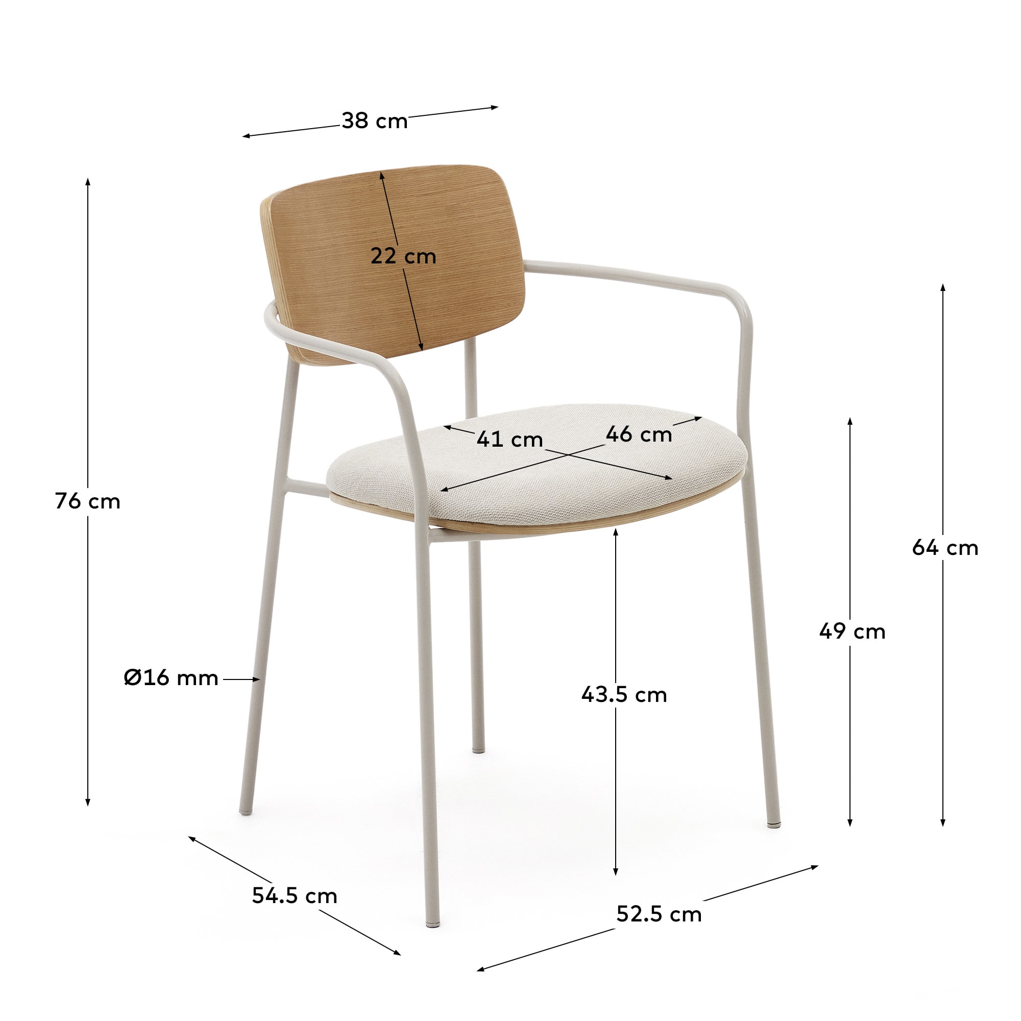 Maureen stackable chair in poplar plywood with light tone finish and beige metal legs, 100% FSC - sizes