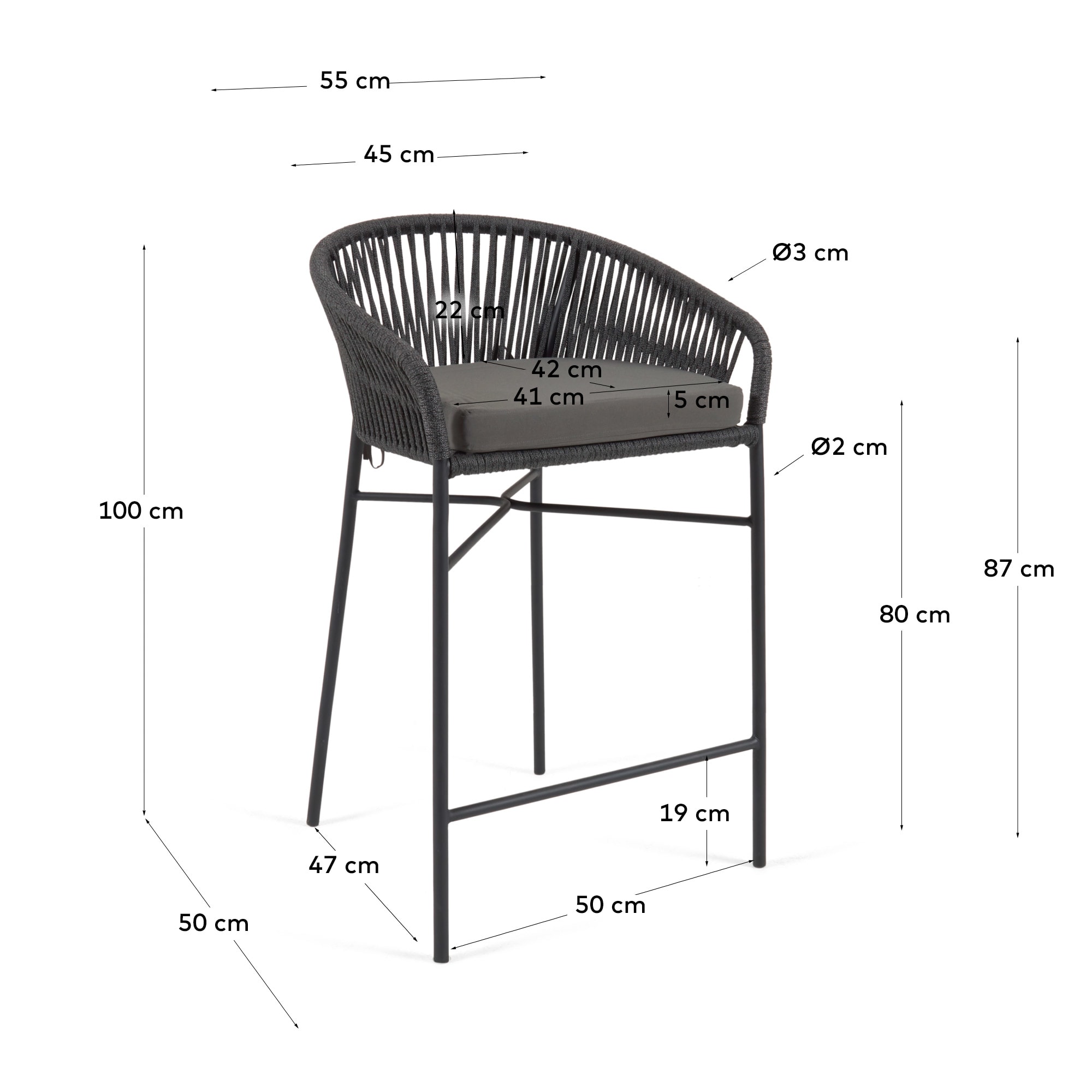 Yanet stool made from black cord and galvanised steel, height 80 cm