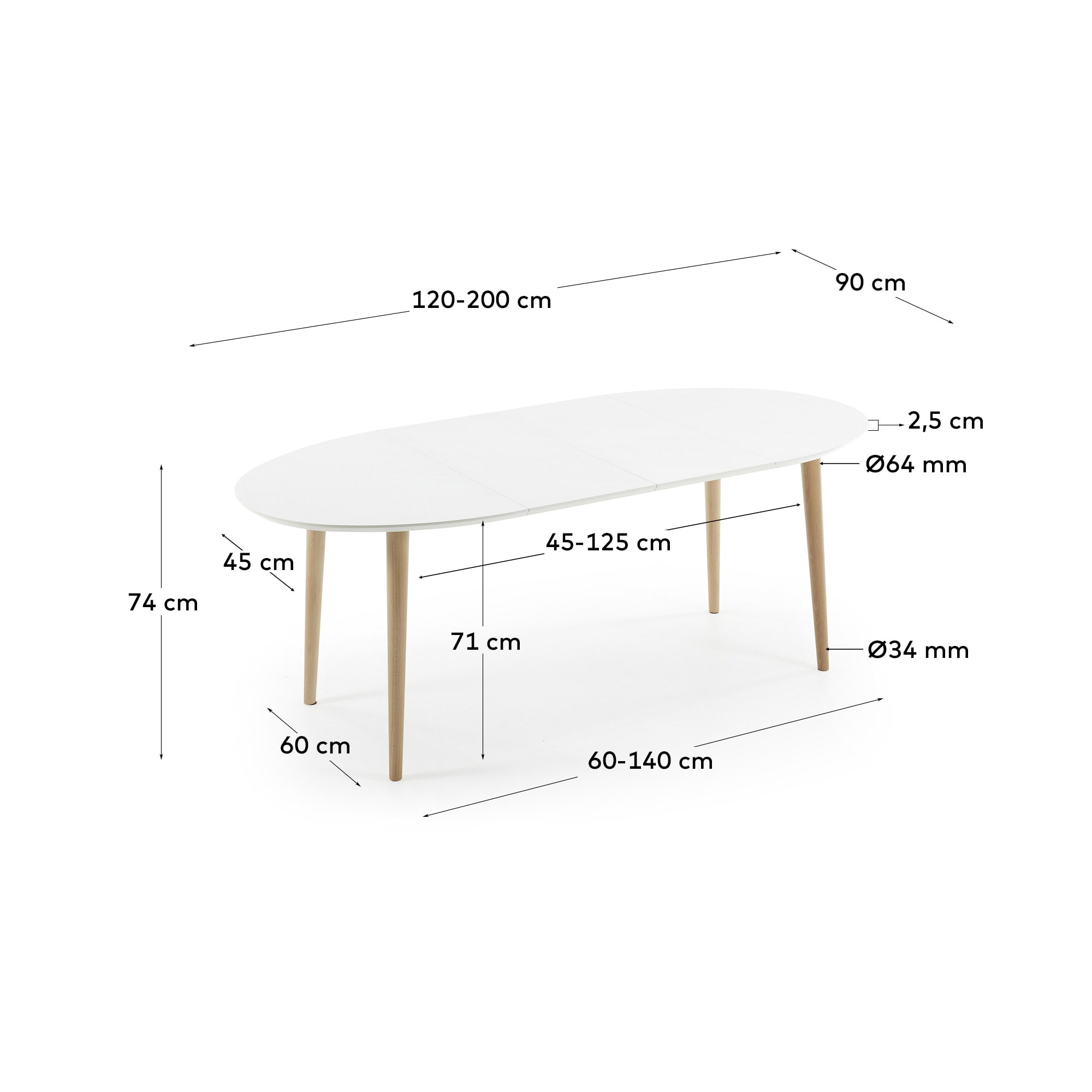 Oqui oval extendable MDF table with white lacquer and solid beech legs 120 (200) x 90 cm - sizes