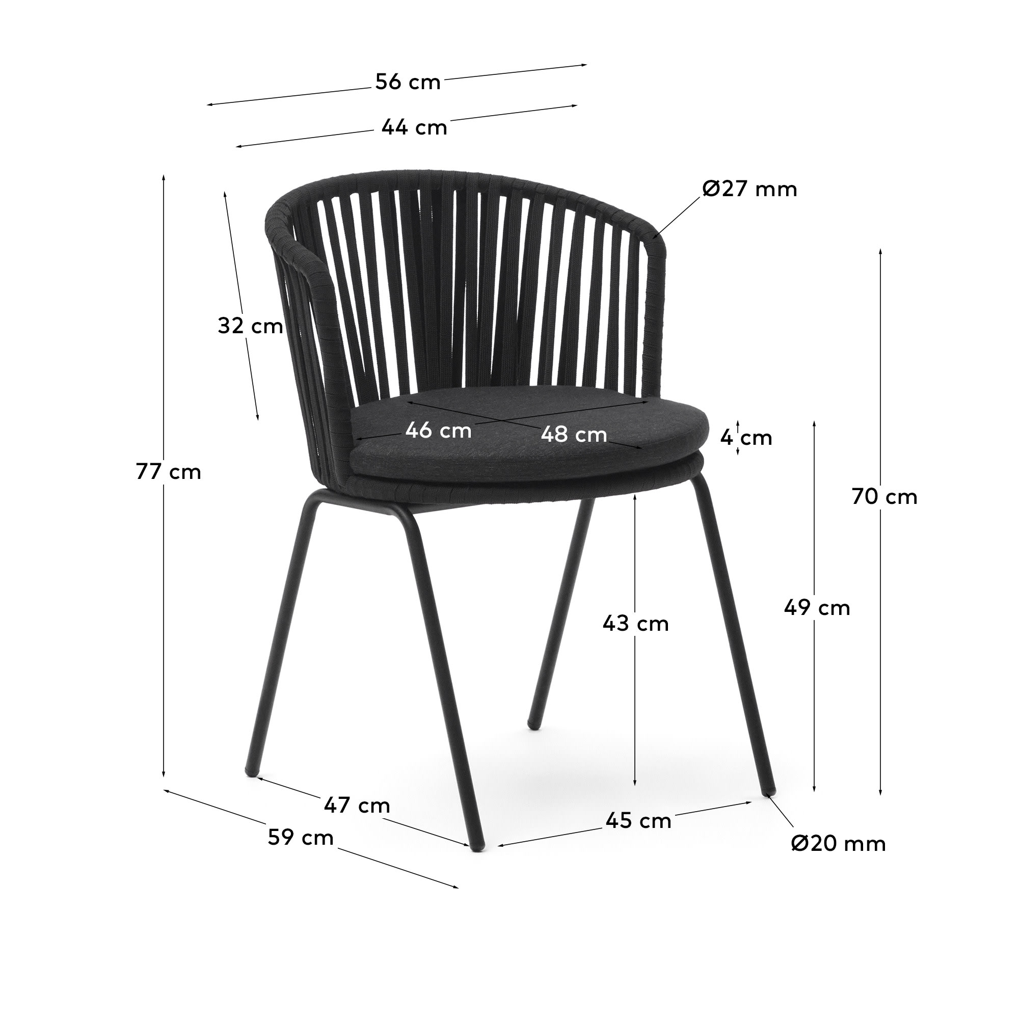 Saconca outdoor chair with cord and black galvanised steel