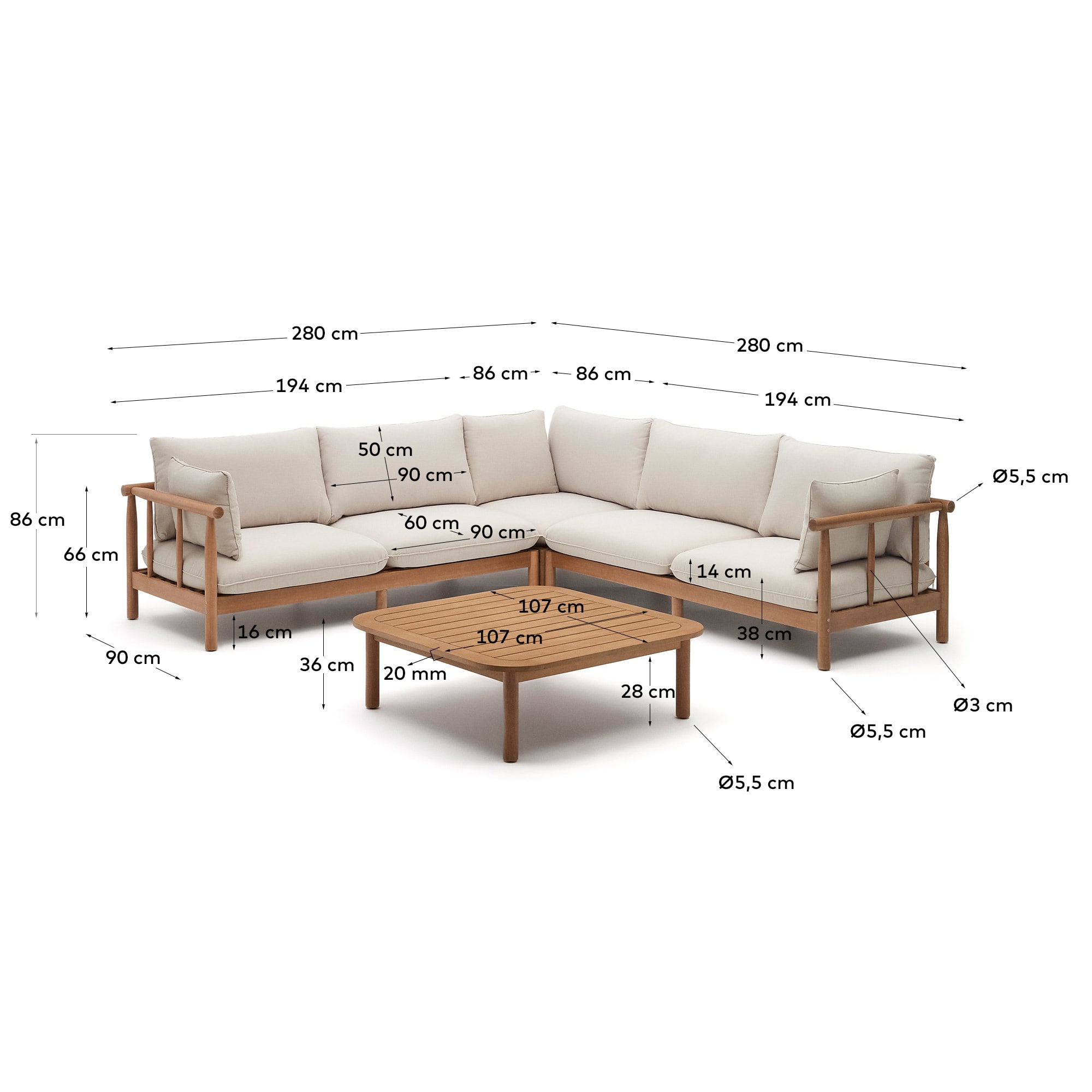 Sacova set, 5 seater corner sofa and coffee table made from solid eucalyptus wood