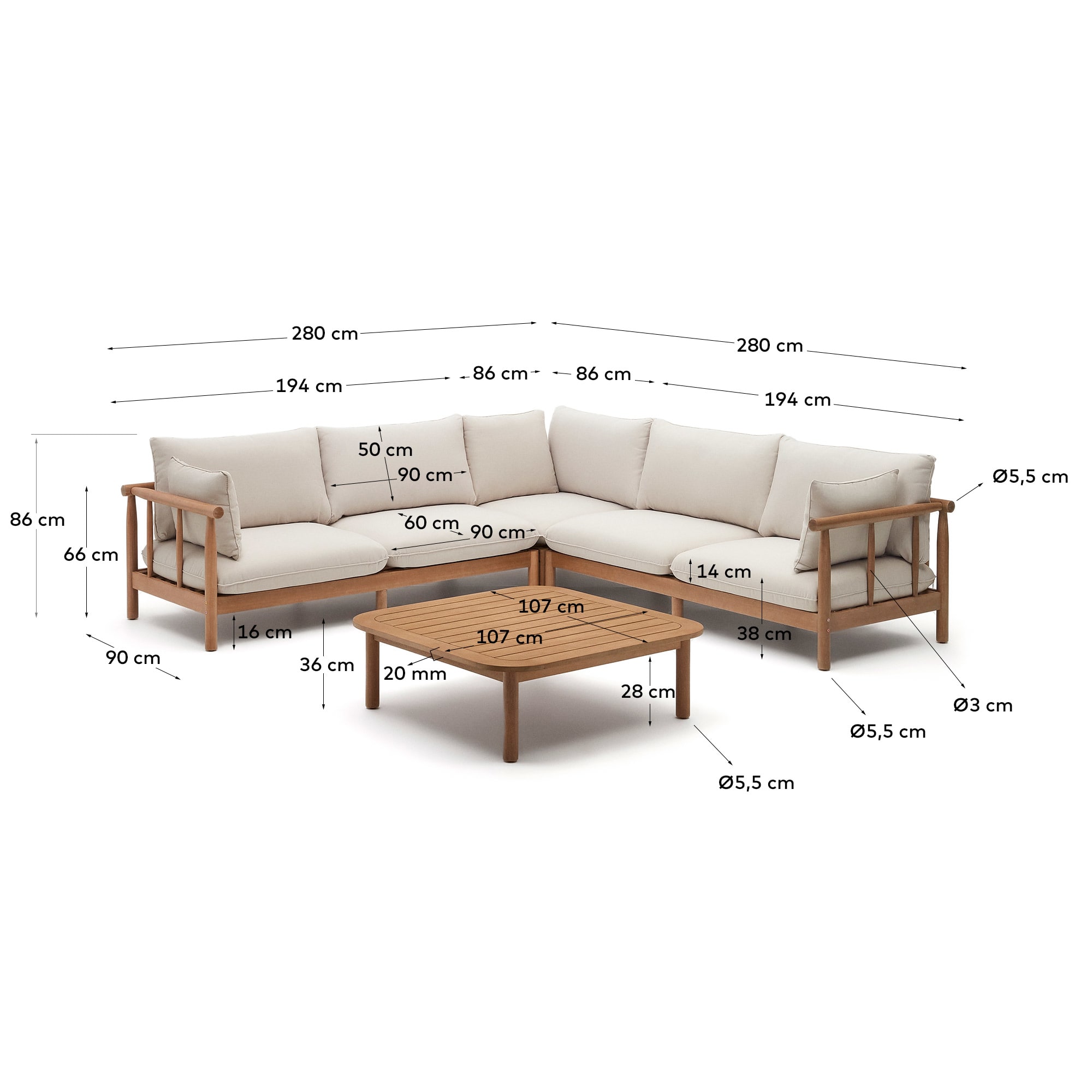 Sacova set, 5 seater corner sofa and coffee table made from solid eucalyptus wood - sizes