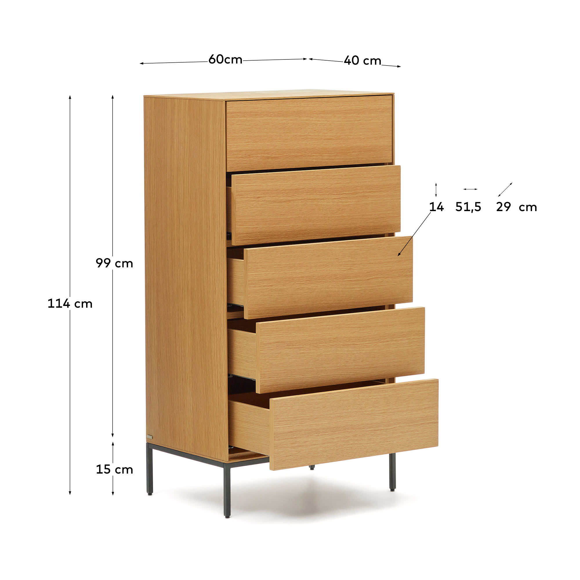 Vedrana 5 drawer chest of drawers in oak veneer with black steel legs, 60 x 114 cm