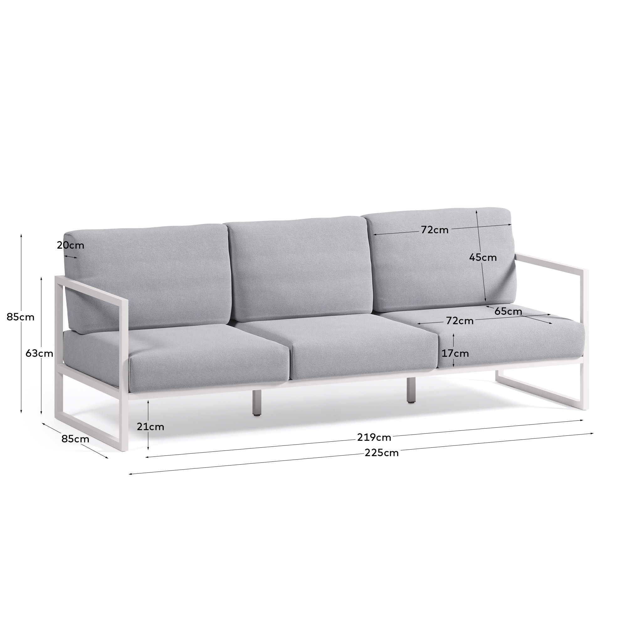 Comova 100% outdoor 3-seater sofa in blue and white aluminium, 222 cm