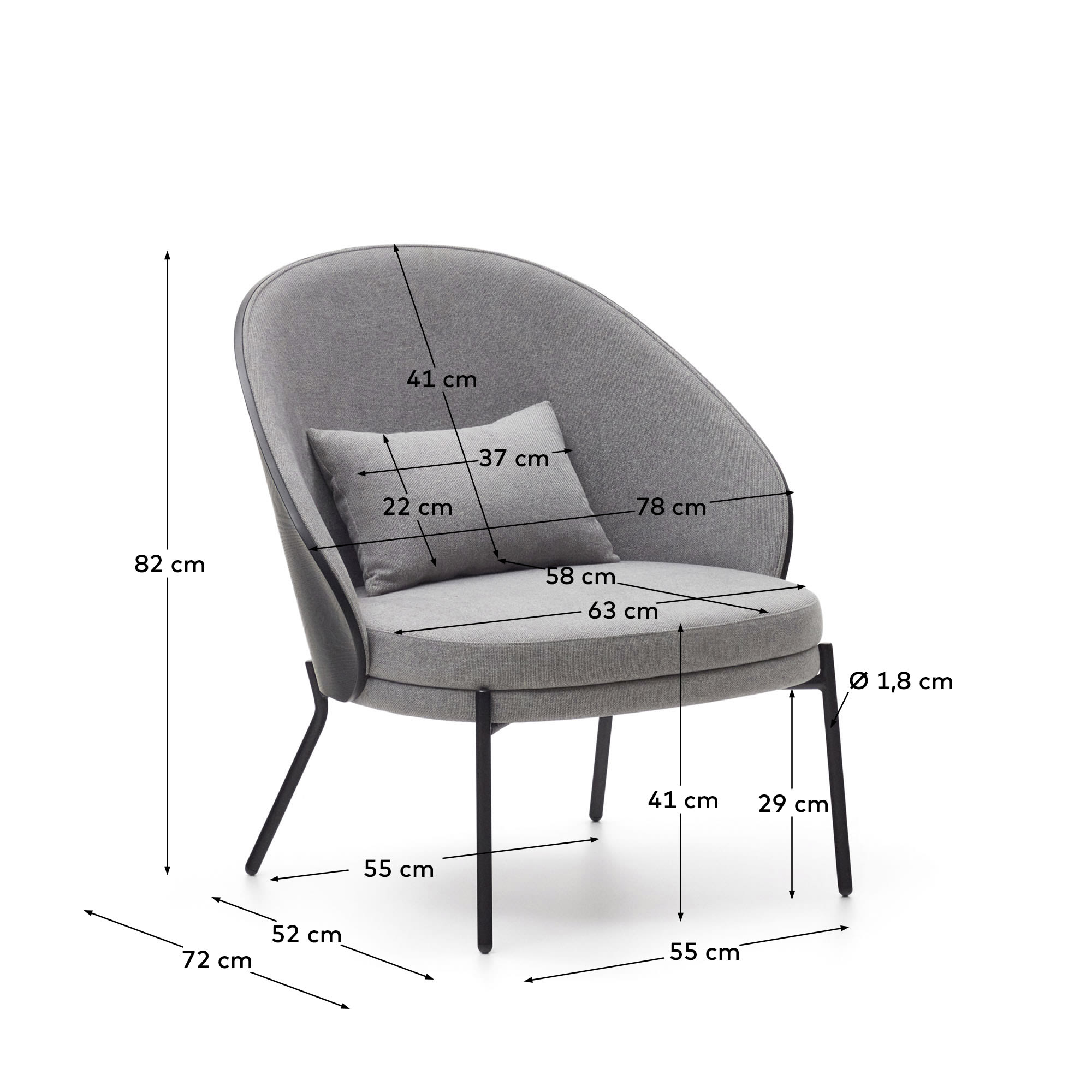 Eamy light grey armchair in an ash wood veneer with a black finish and black metal