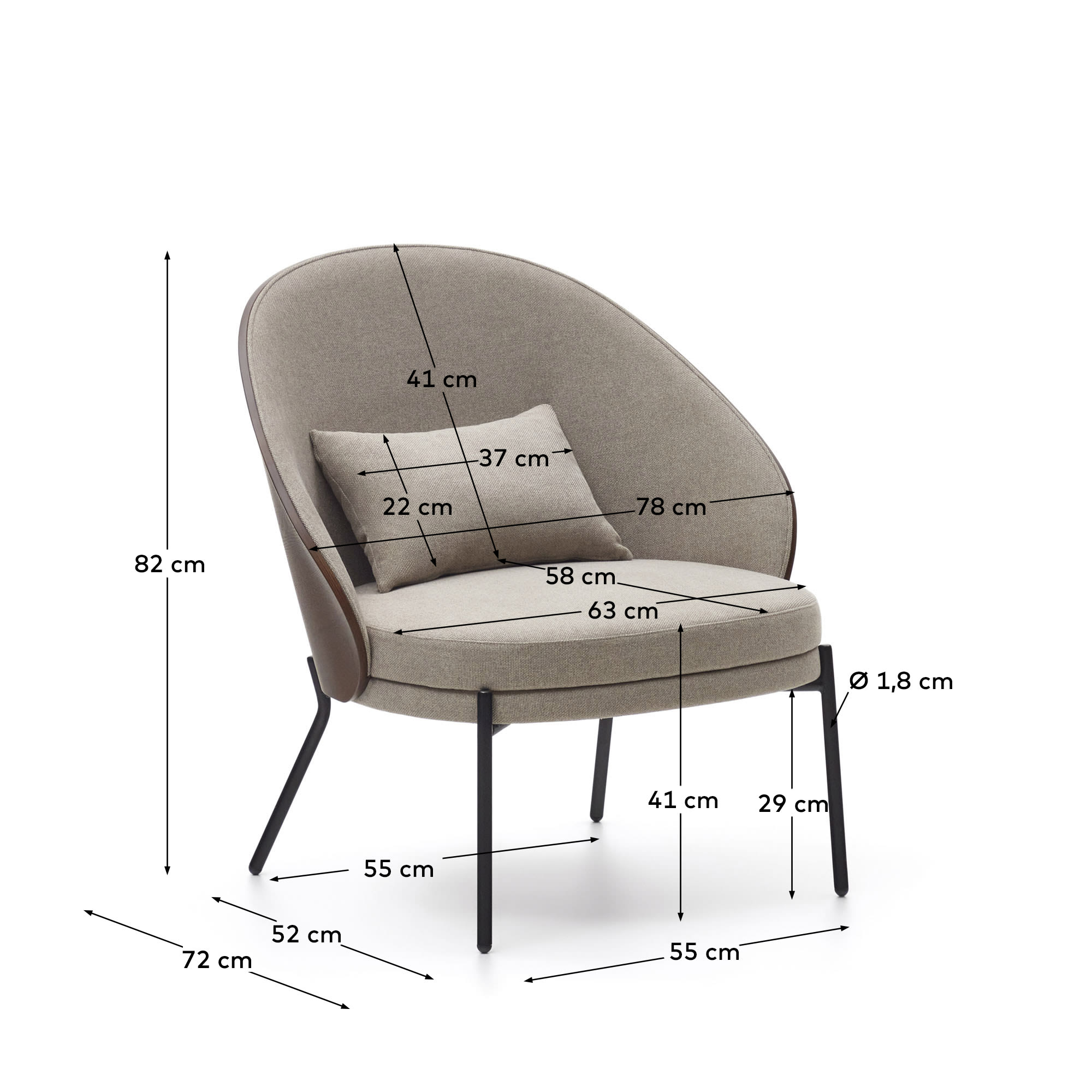 Eamy light brown armchair in an ash wood veneer with a walnut finish and black metal