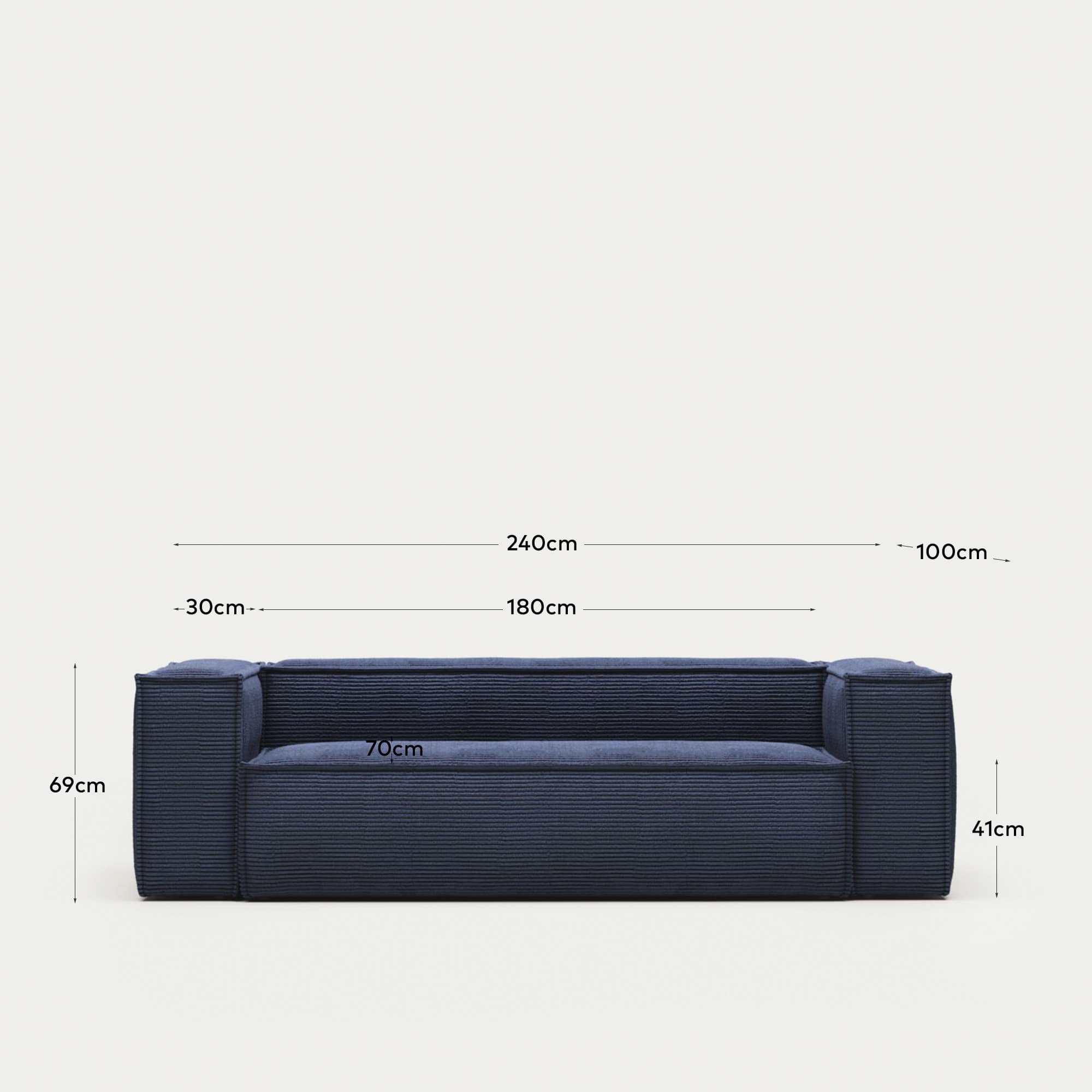 Blok fire-retardant 3-seater sofa in thick blue corduroy 240cm FSC Mix Credit