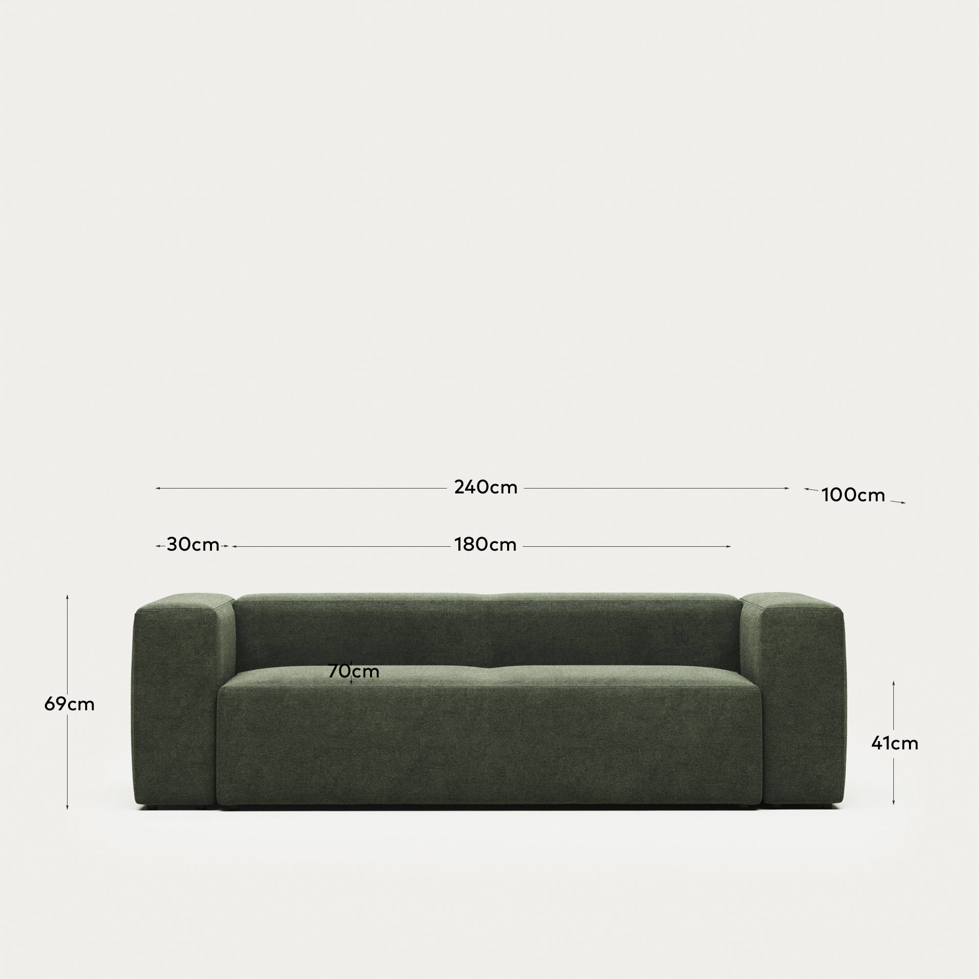 Blok fire-retardant 3-seater sofa in green chenille 240cm