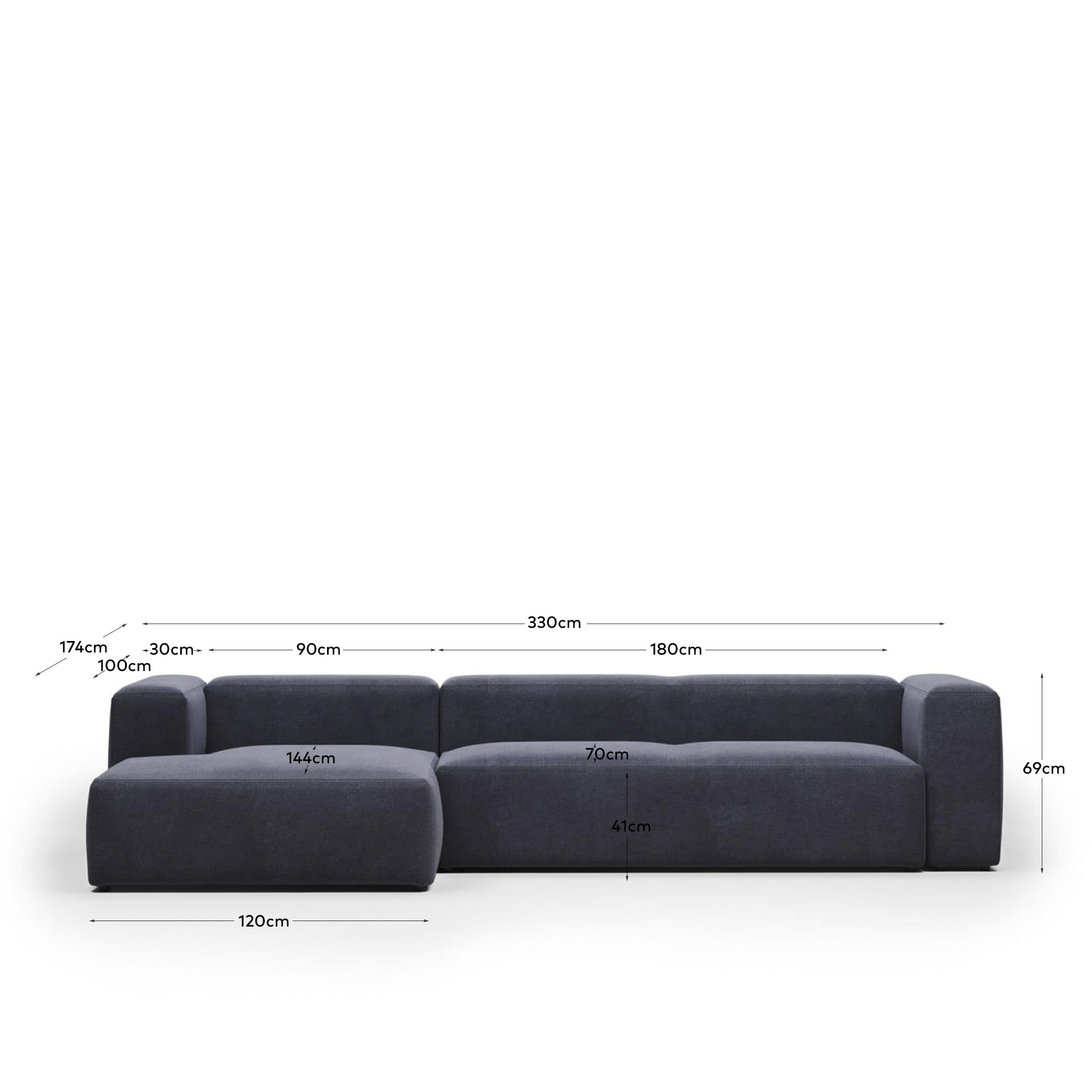 Blok 4 seater sofa with left side chaise longue in blue, 330 cm FR