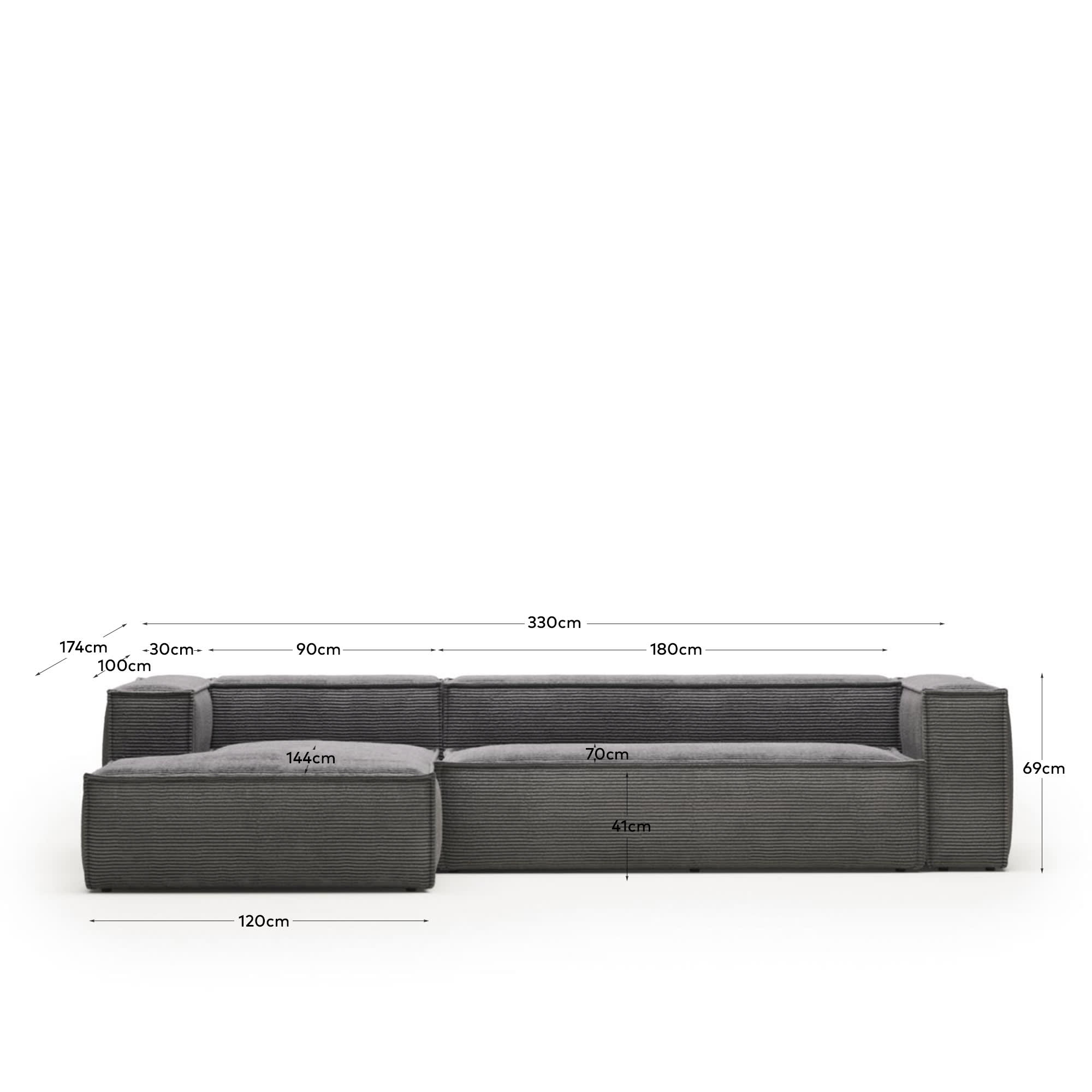 Blok 4 seater sofa with left side chaise longue in grey corduroy, 330 cm FR