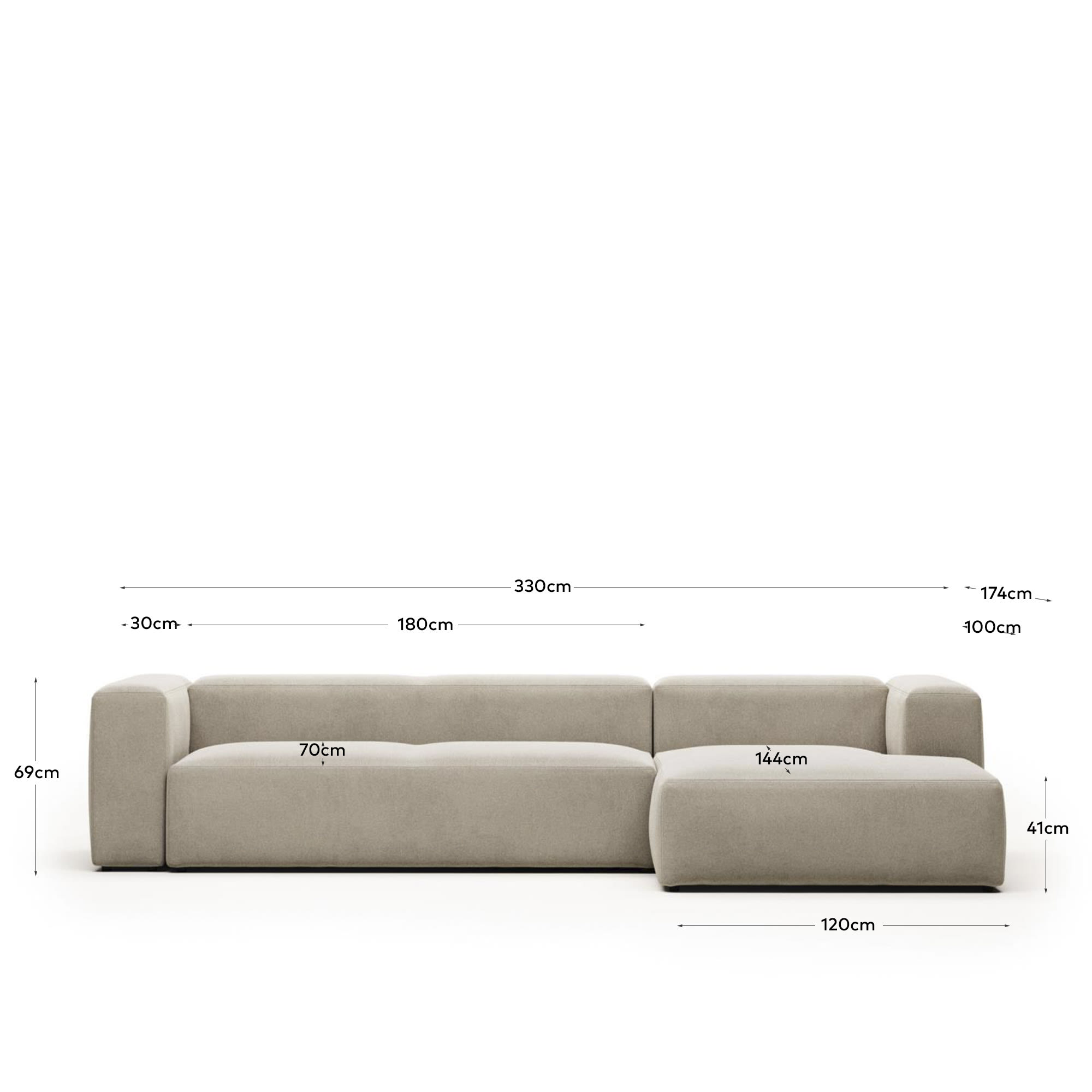Blok fire-retardant 4-seater sofa with right chaise longue in beige chenille 330cm