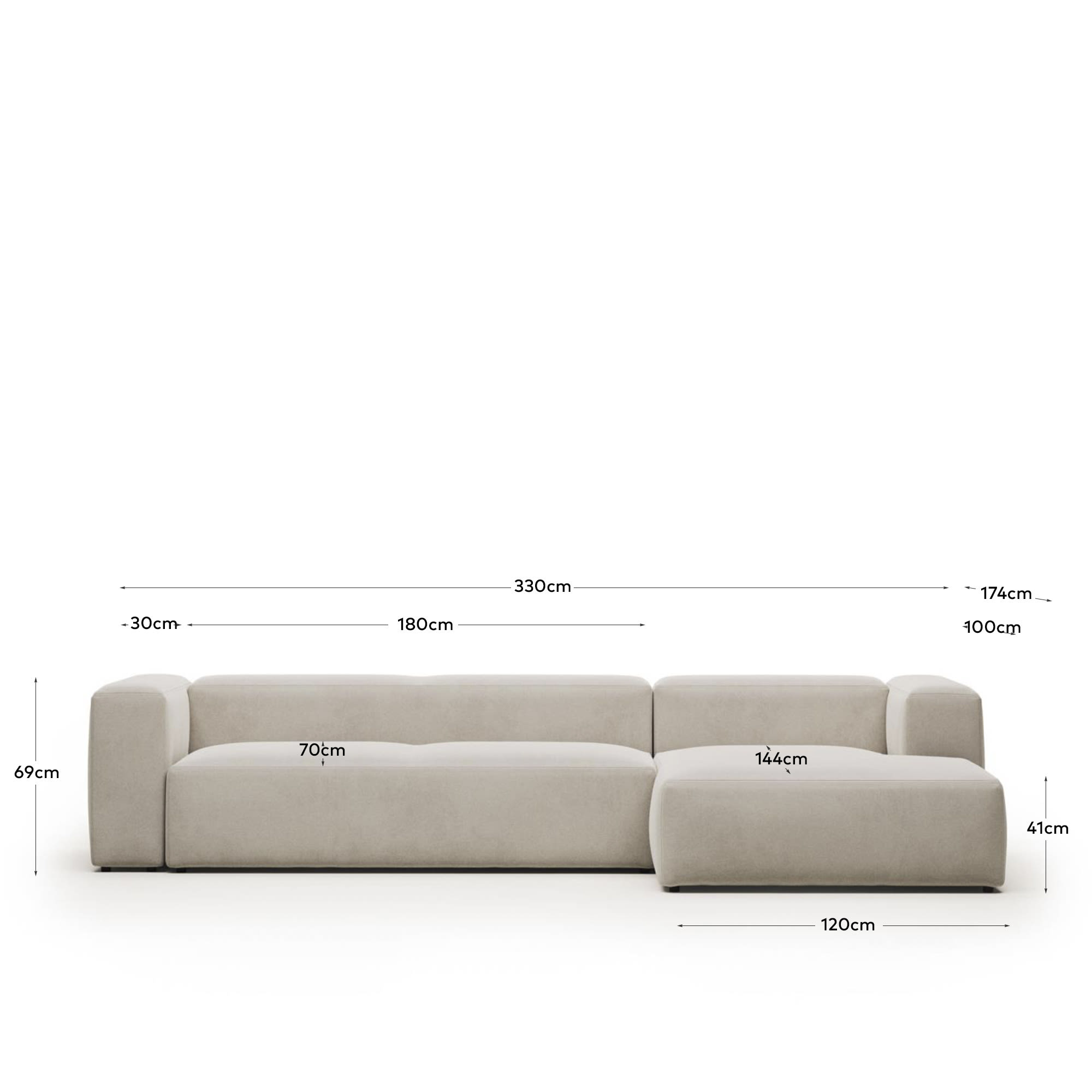 Blok fire-retardant 4-seater sofa with right chaise longue in white chenille 330cm