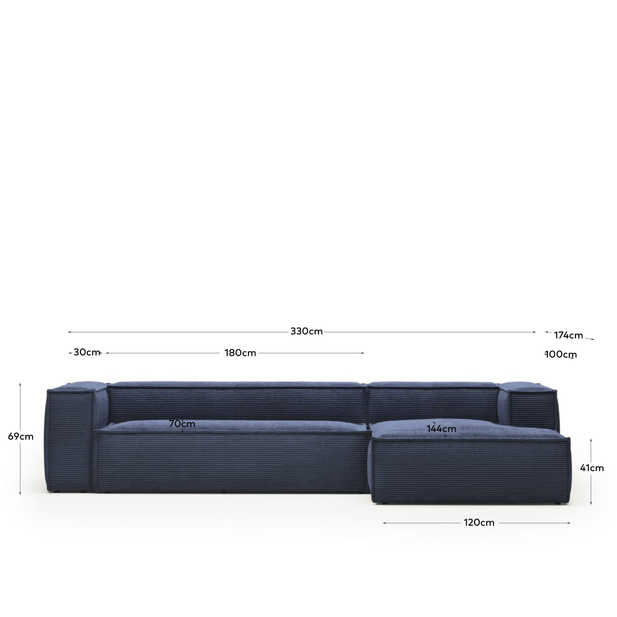 Blok fire-retardant 4-seater sofa with right chaise longue in thick blue corduroy 330cm FSC Mix Credit