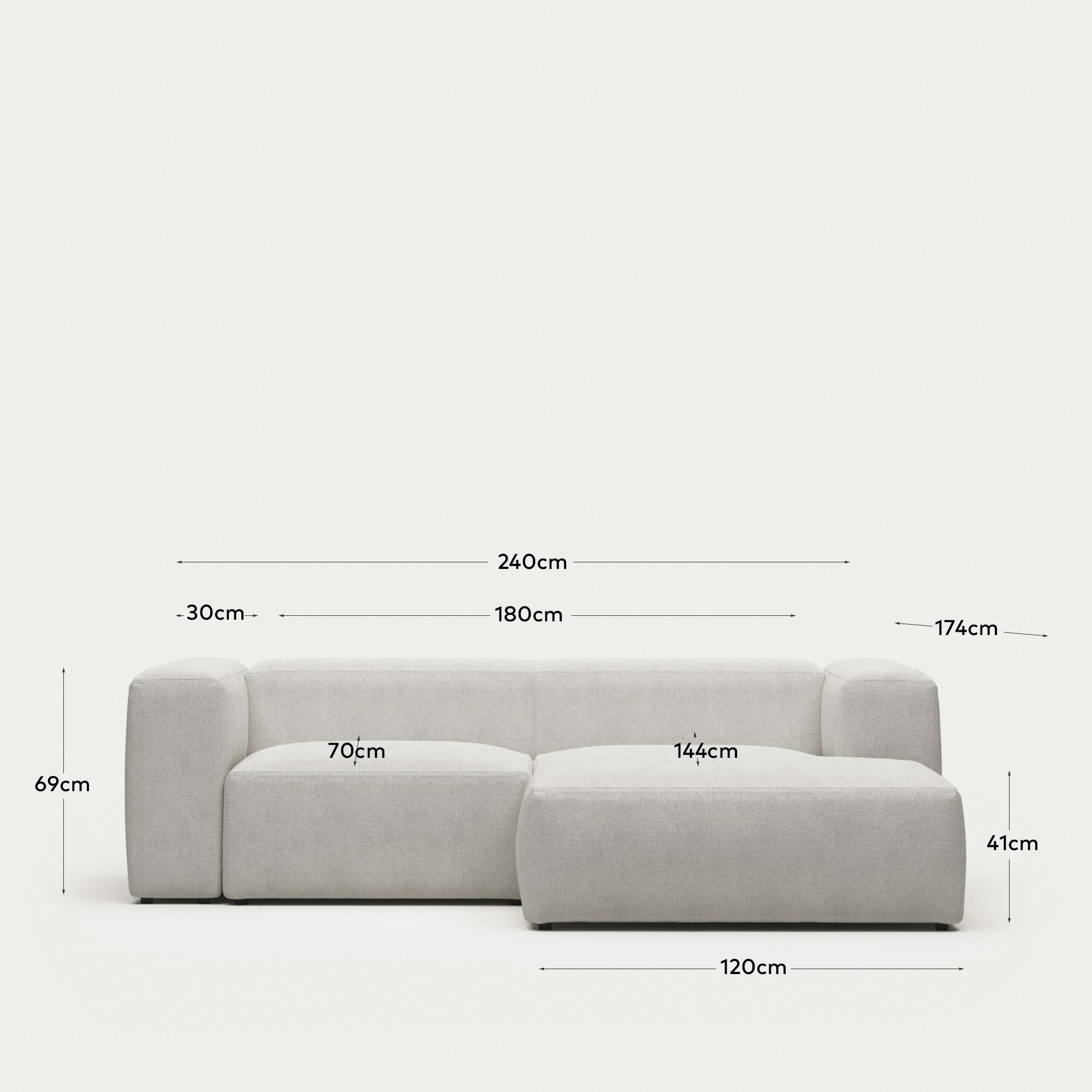 Blok fire-retardant white bouclé 2-seater sofa with right chaise longue 240cm FSC Mix Credit