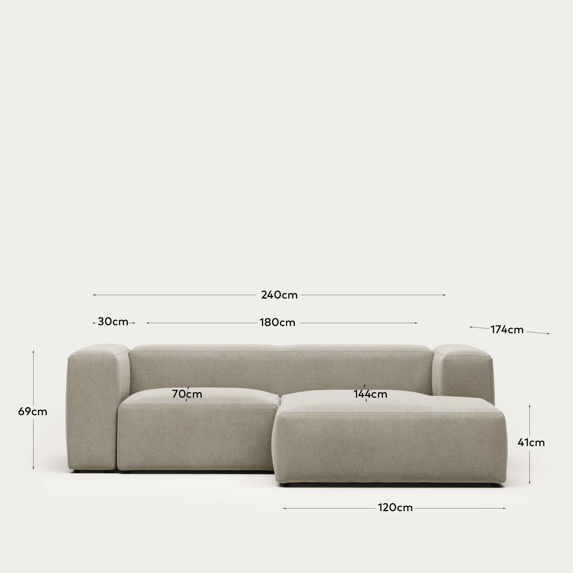Blok fire-retardant 2-seater sofa with right chaise longue in beige chenille 240cm