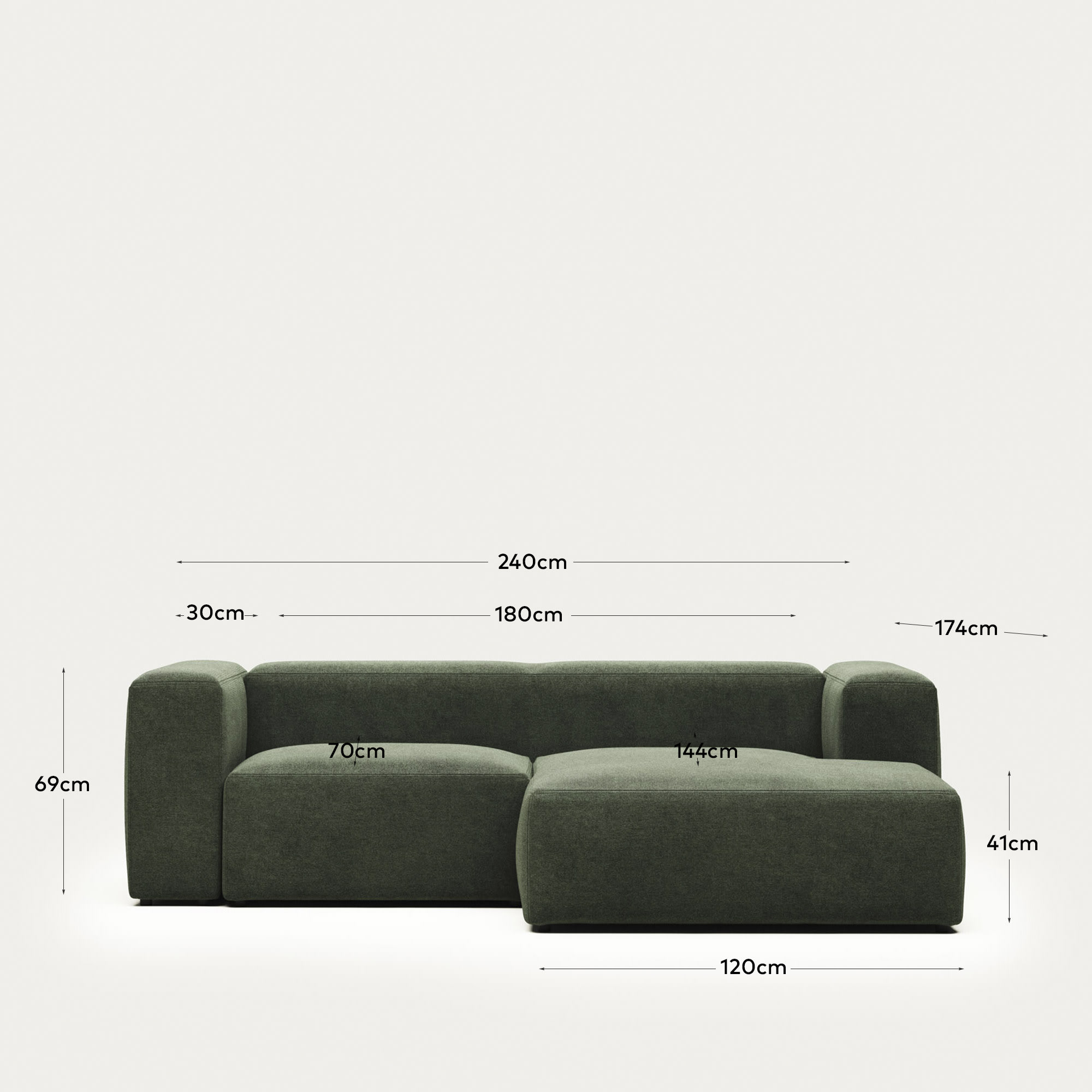 Blok fire-retardant 2-seater sofa with right chaise longue in green chenille 240cm