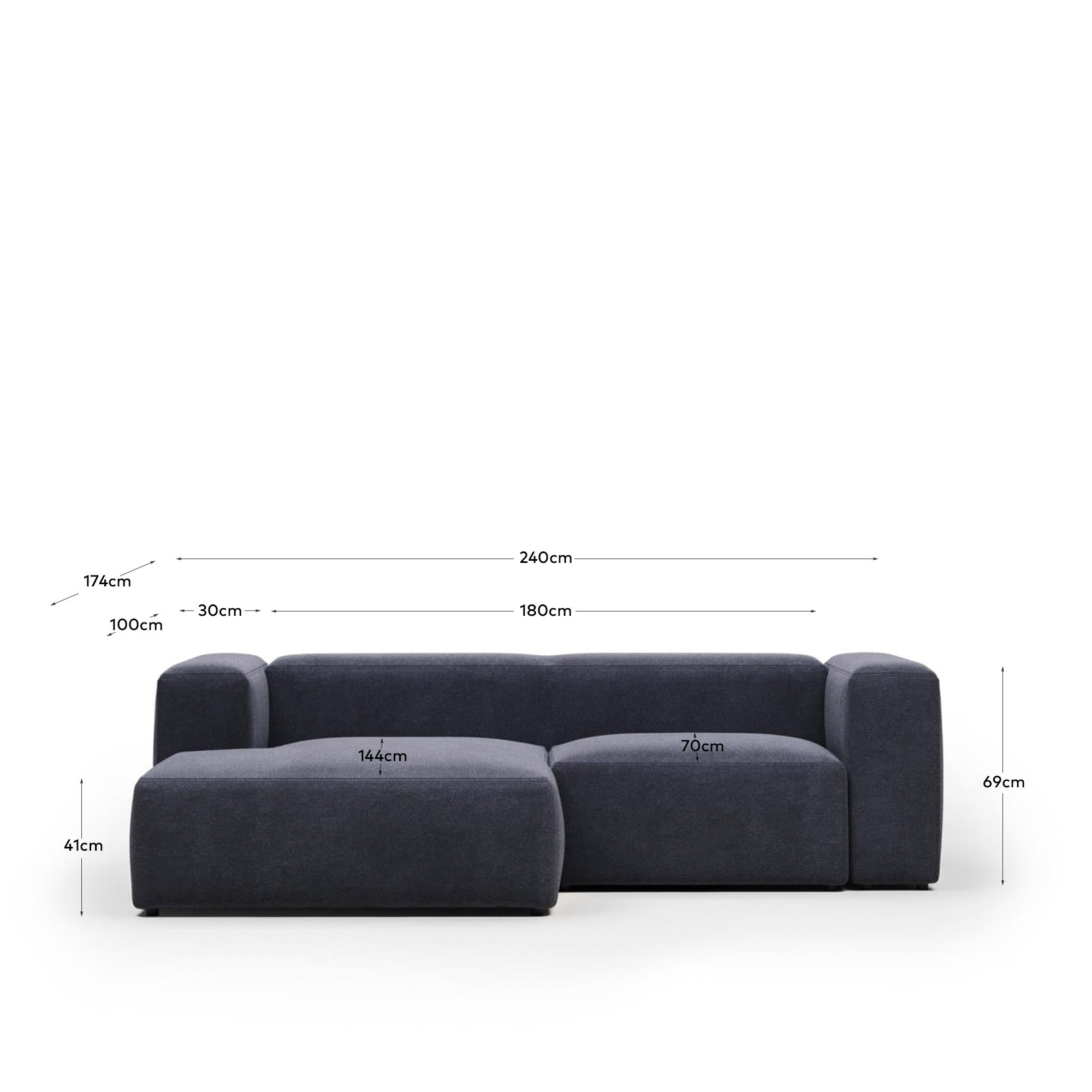 Blok fire-retardant 2-seater sofa with left chaise longue in blue chenille 240cm