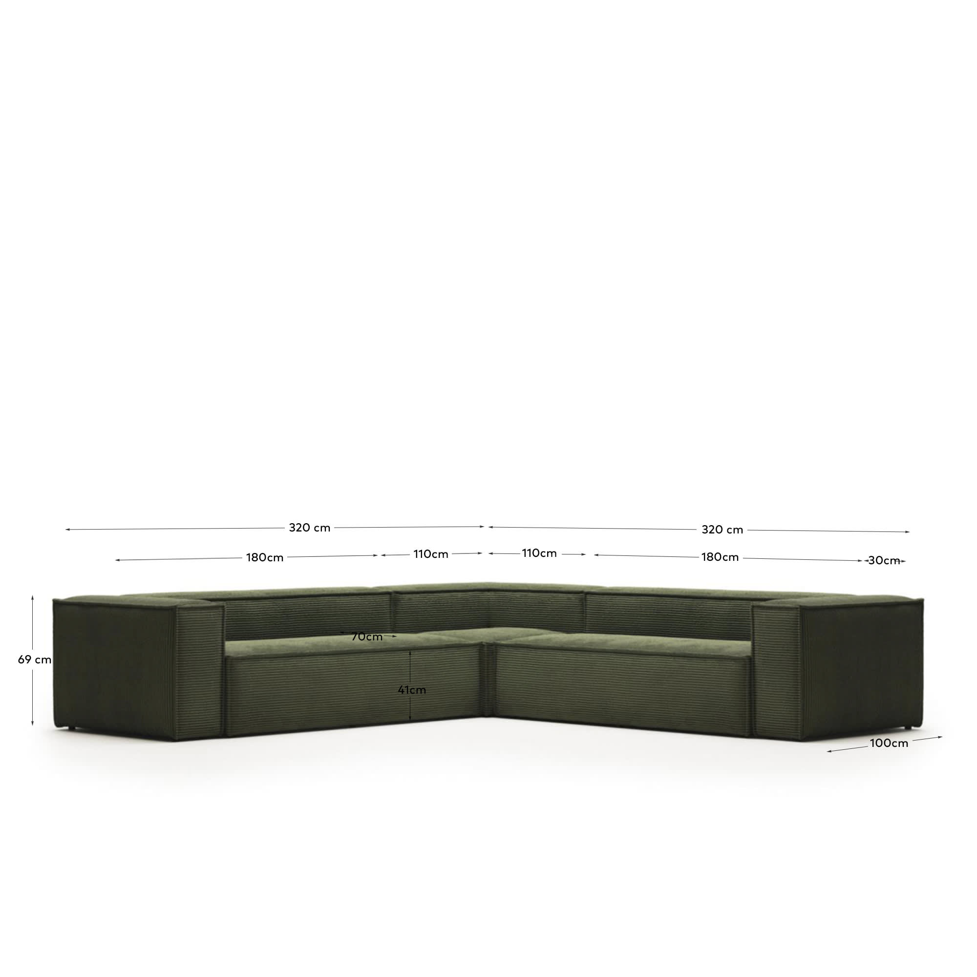 Blok 6 seater corner sofa in green corduroy, 320 x 320 cm FR