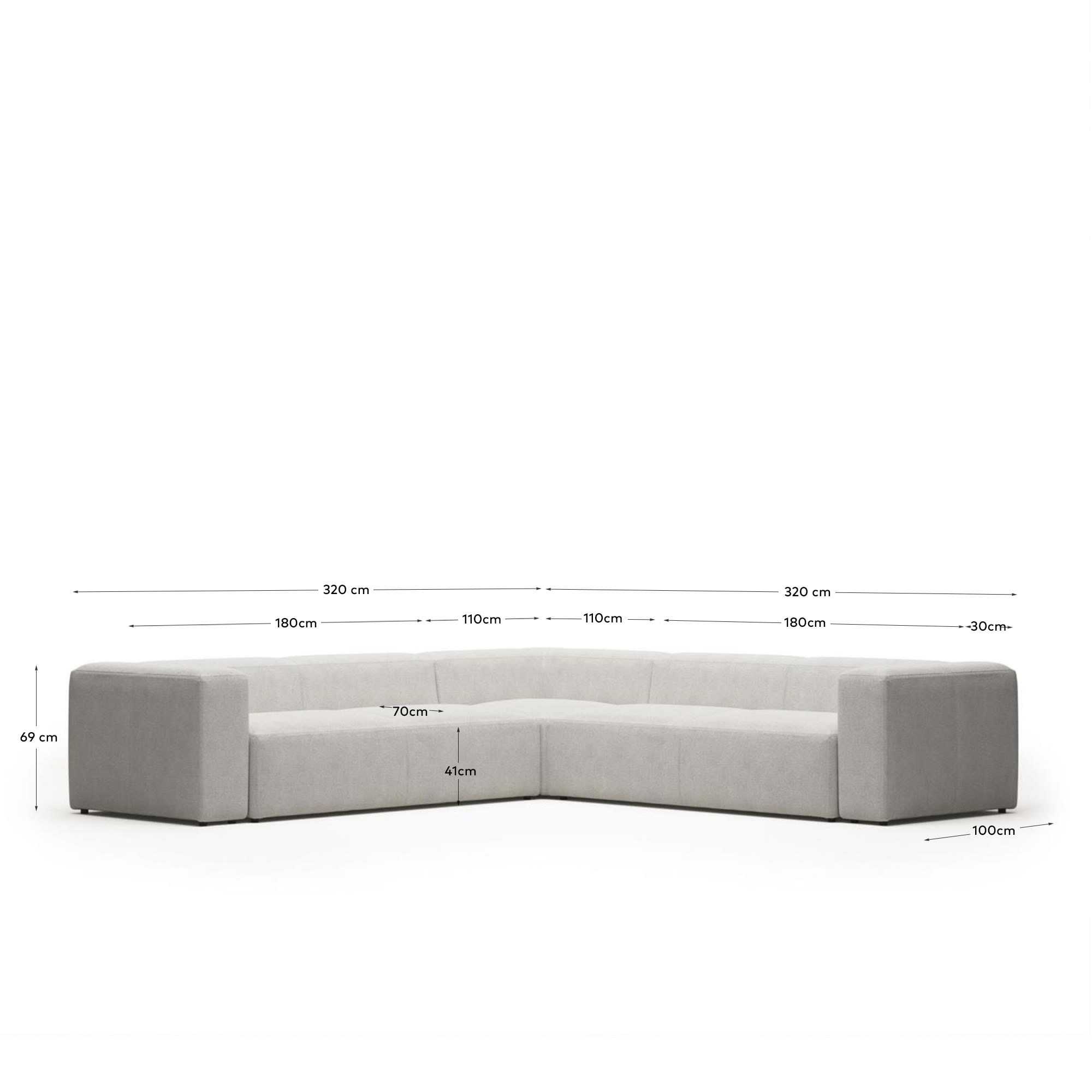 Blok 6 seater corner sofa in white fleece, 320 x 320 cm FR
