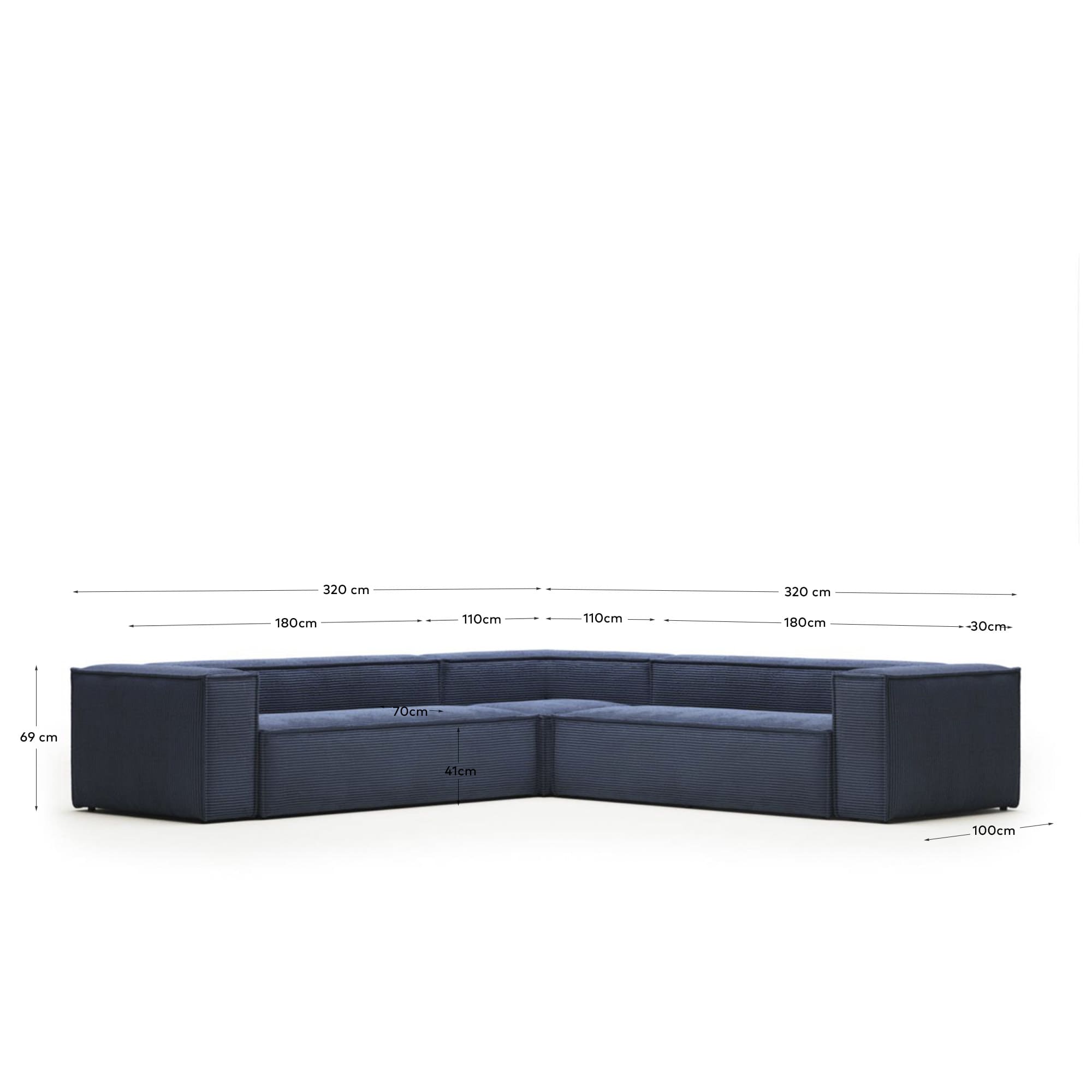 Blok 6 seater corner sofa in blue corduroy, 320 x 320 cm FR