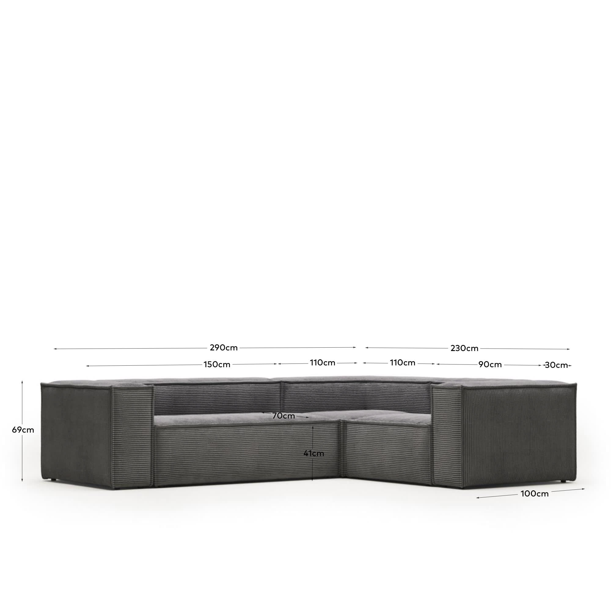 Blok fire-retardant 3-seater corner sofa in thick grey corduroy 290 x 230cm/230 x 290cm FSC Mix Credit
