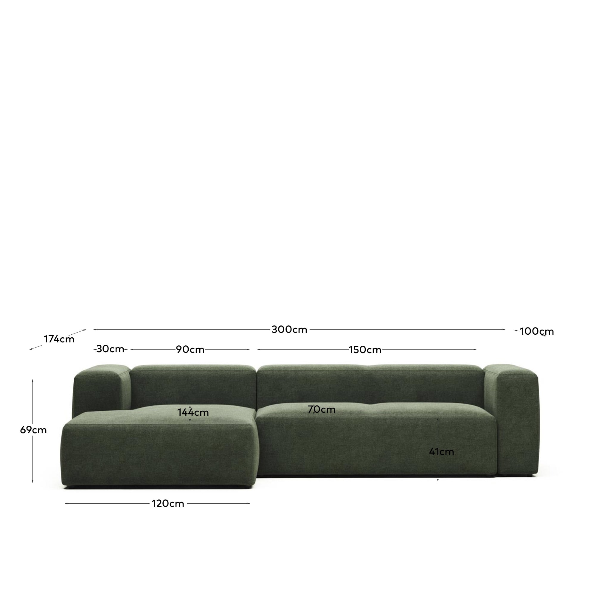 Blok fire-retardant 3-seater sofa with left chaise longue in green chenille 300cm