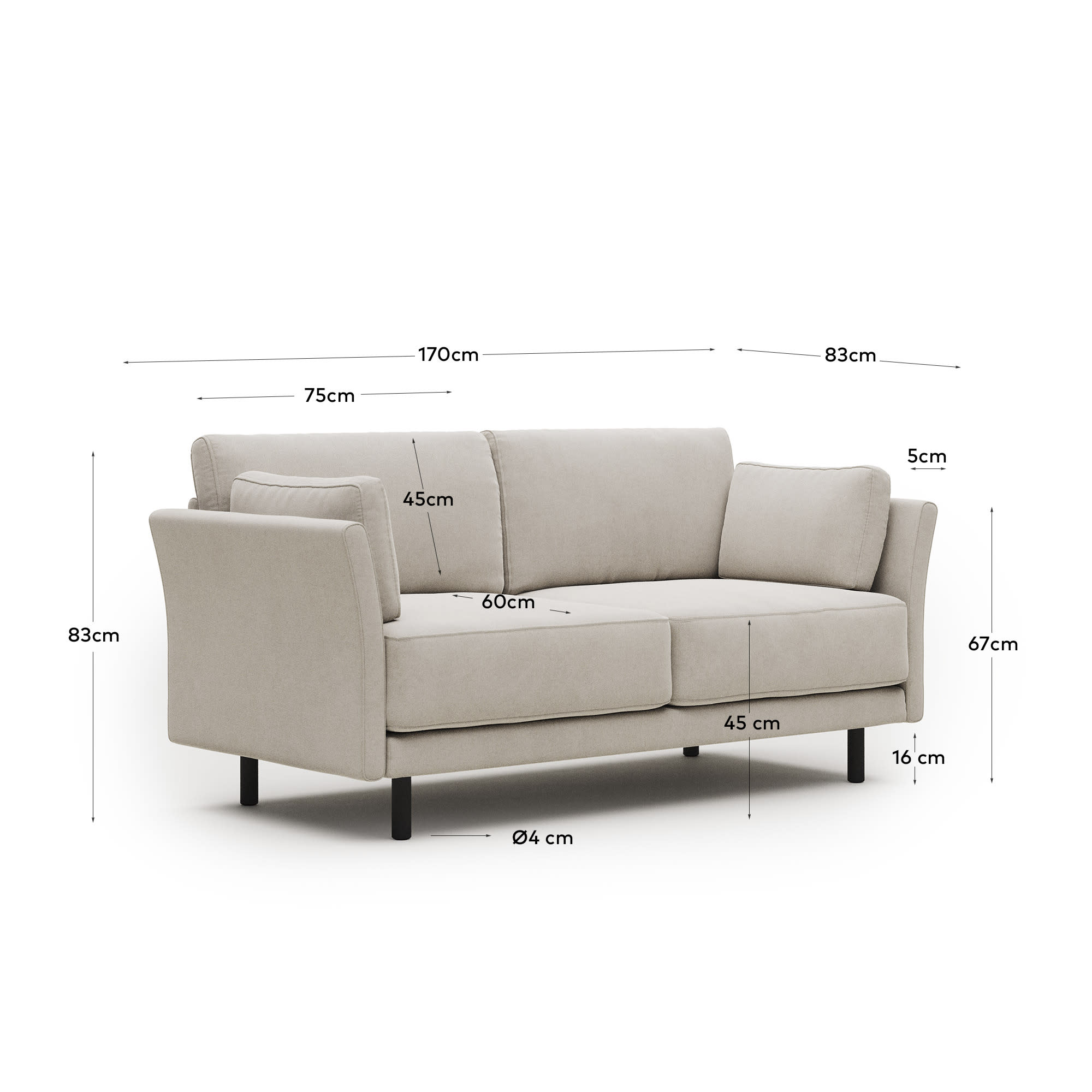 Gilma 2 seater sofa in grey with black finish legs, 170 cm FR