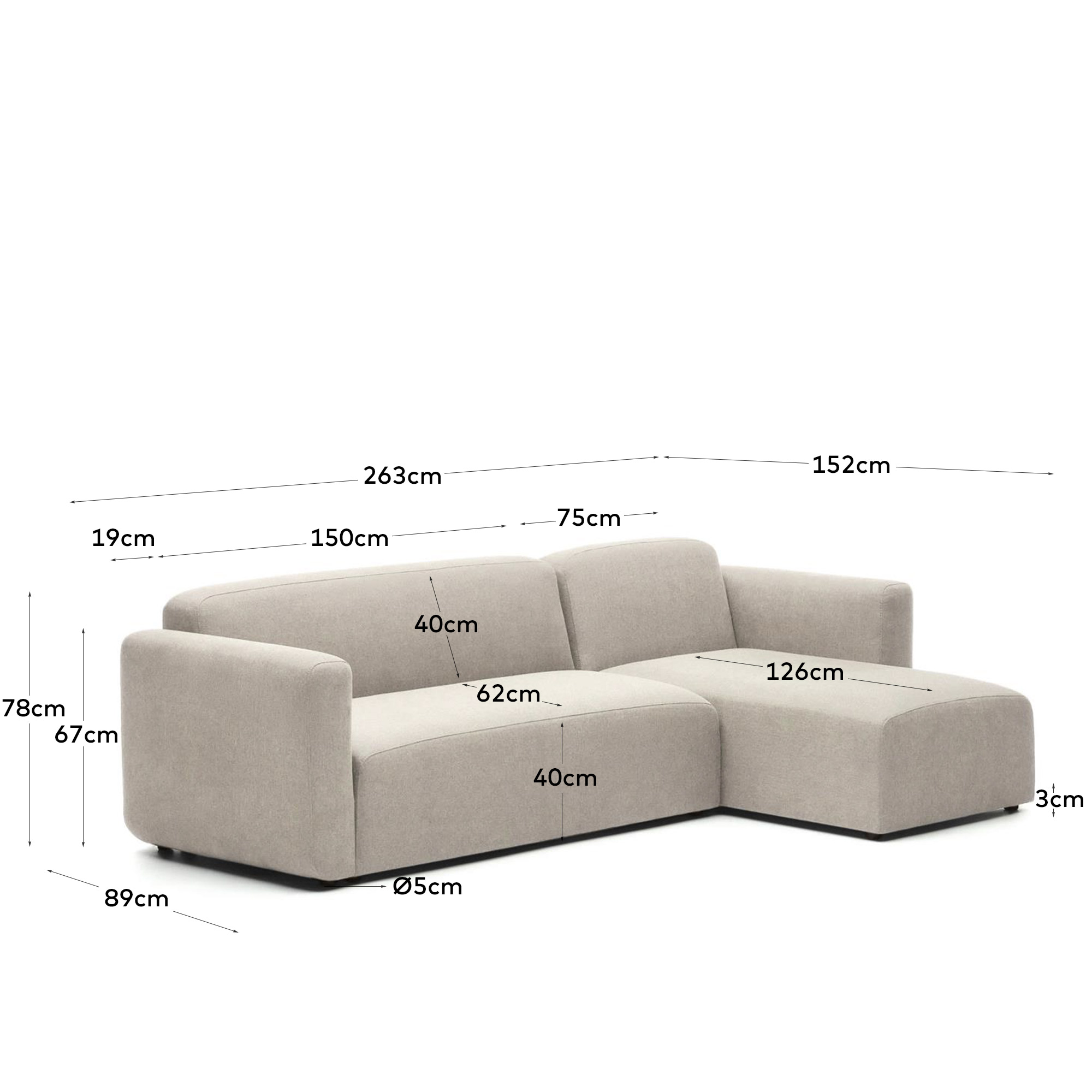 Neom 3 seater modular sofa, right/left chaise longue in beige, 263 cm - sizes