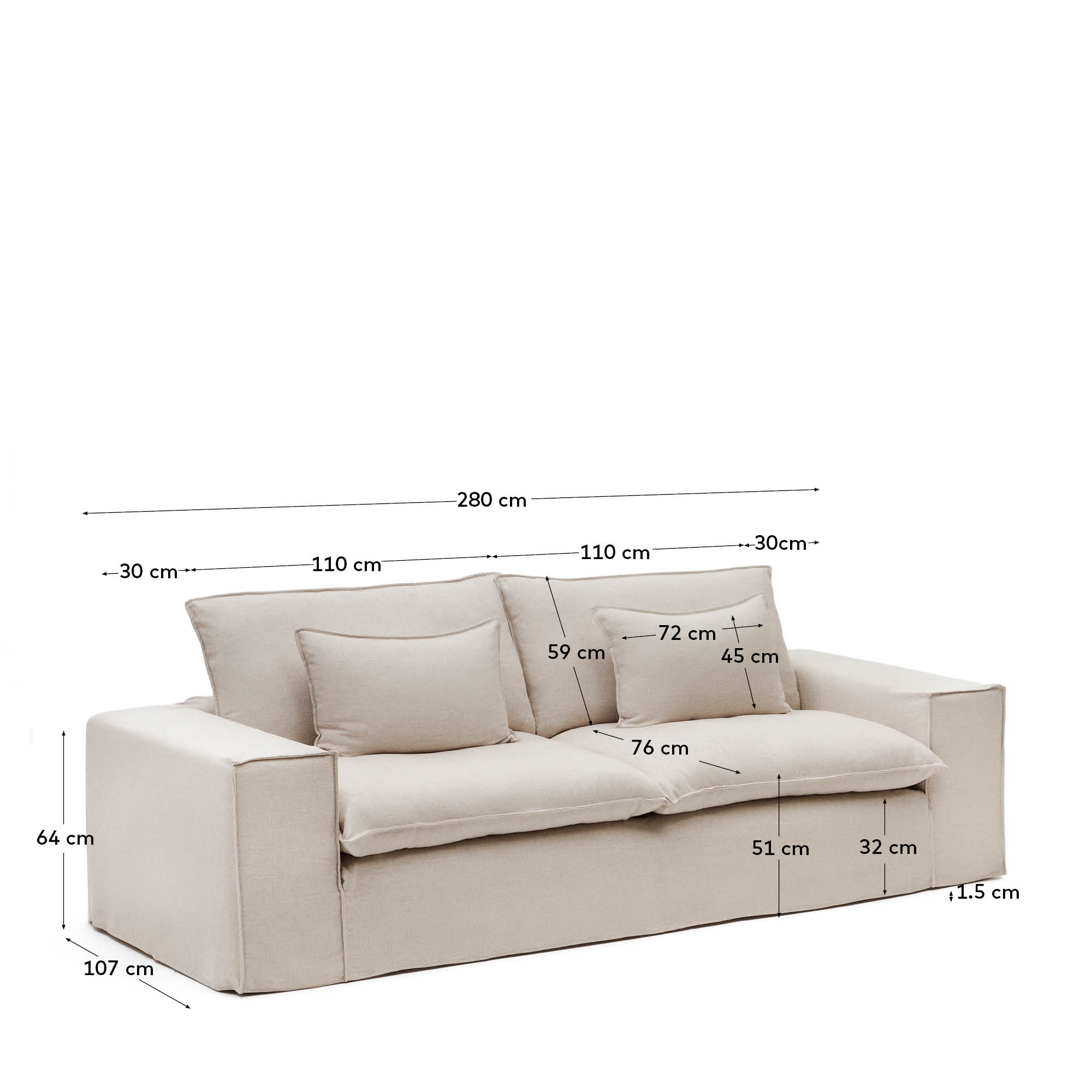 Anarela removable-cover 3-seater sofa with beige linen cushions FSC Mix Credit 280 cm.