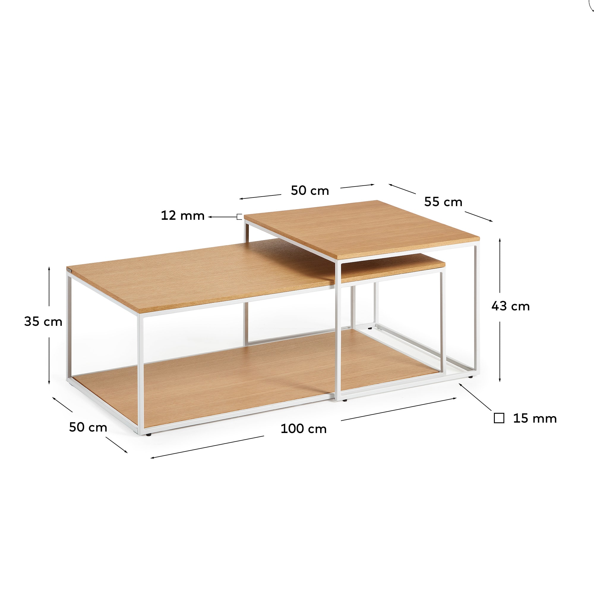 Yoana set of 2 nesting coffee tables with oak veneer and white metal structure