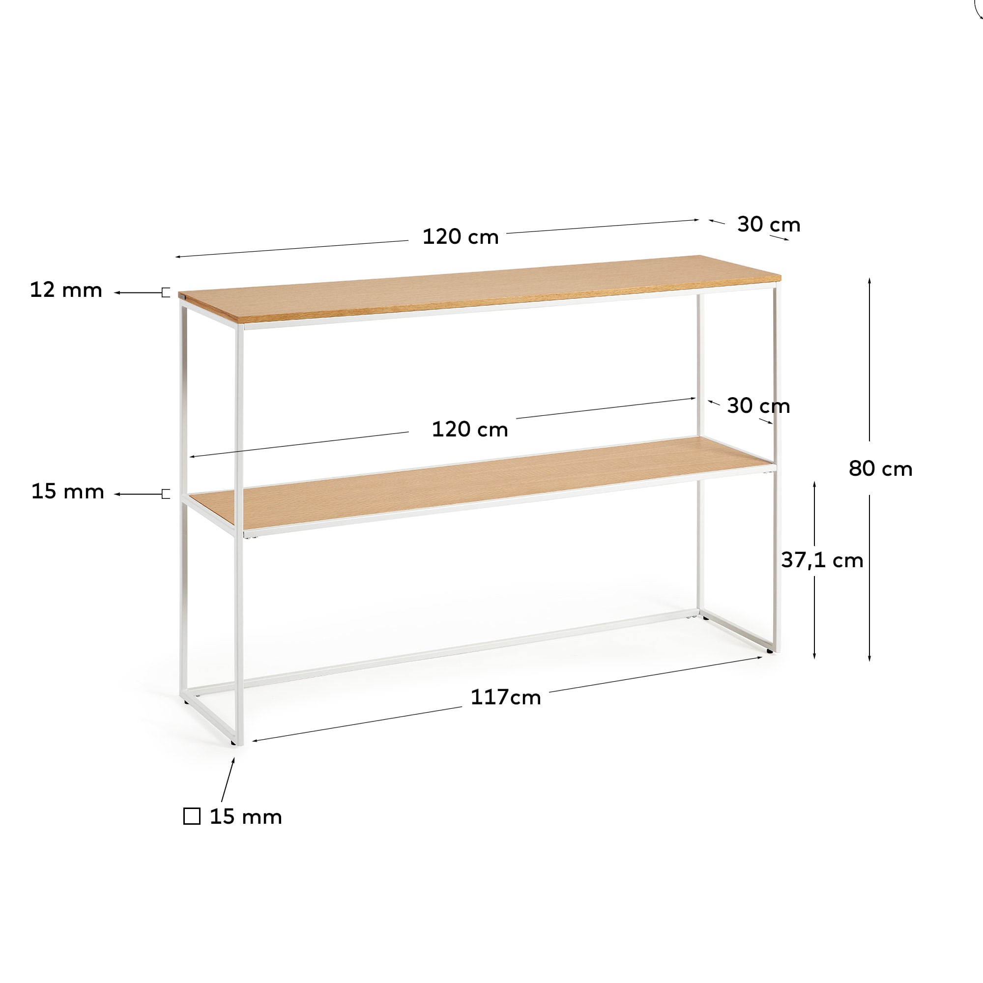 Yoana console table with oak veneer and painted white metal structure, 120 x 80 cm
