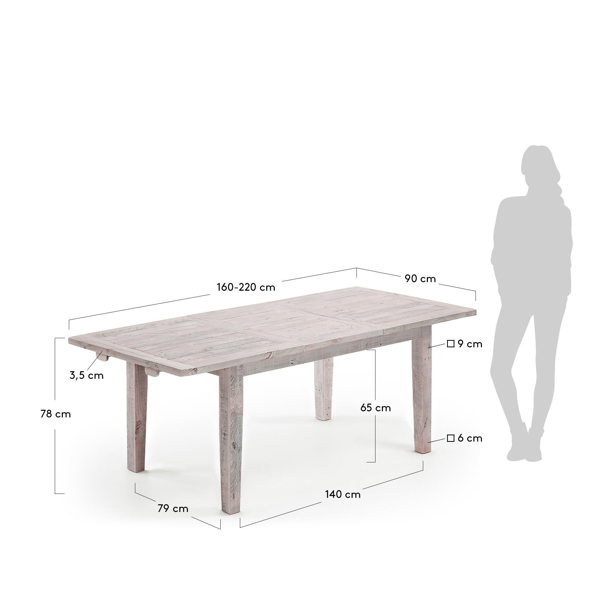 워즈 확장형 화이트 목재 확장 테이블 160(220) x 90cm - 크기