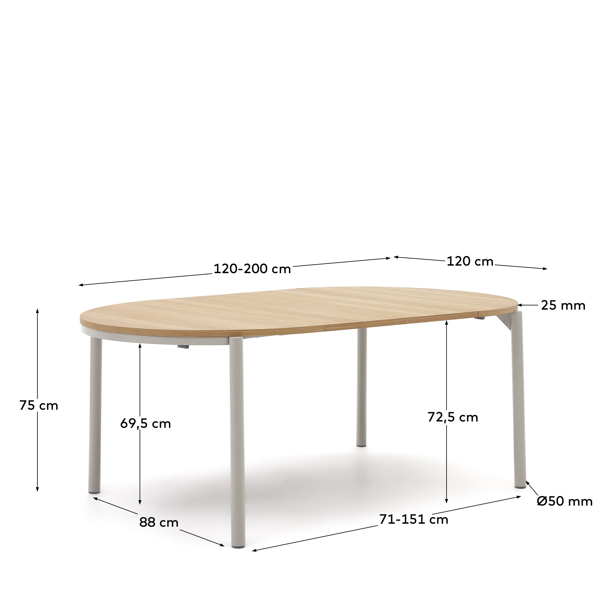 Montuiri extendable round table in oak veneer and steel legs with grey finish, Ø 120 (200) cm - sizes