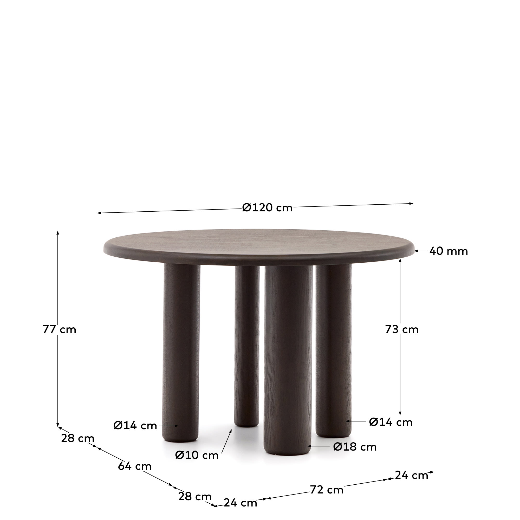 Mailen round table in ash wood veneer with dark finish, Ø 120 cm