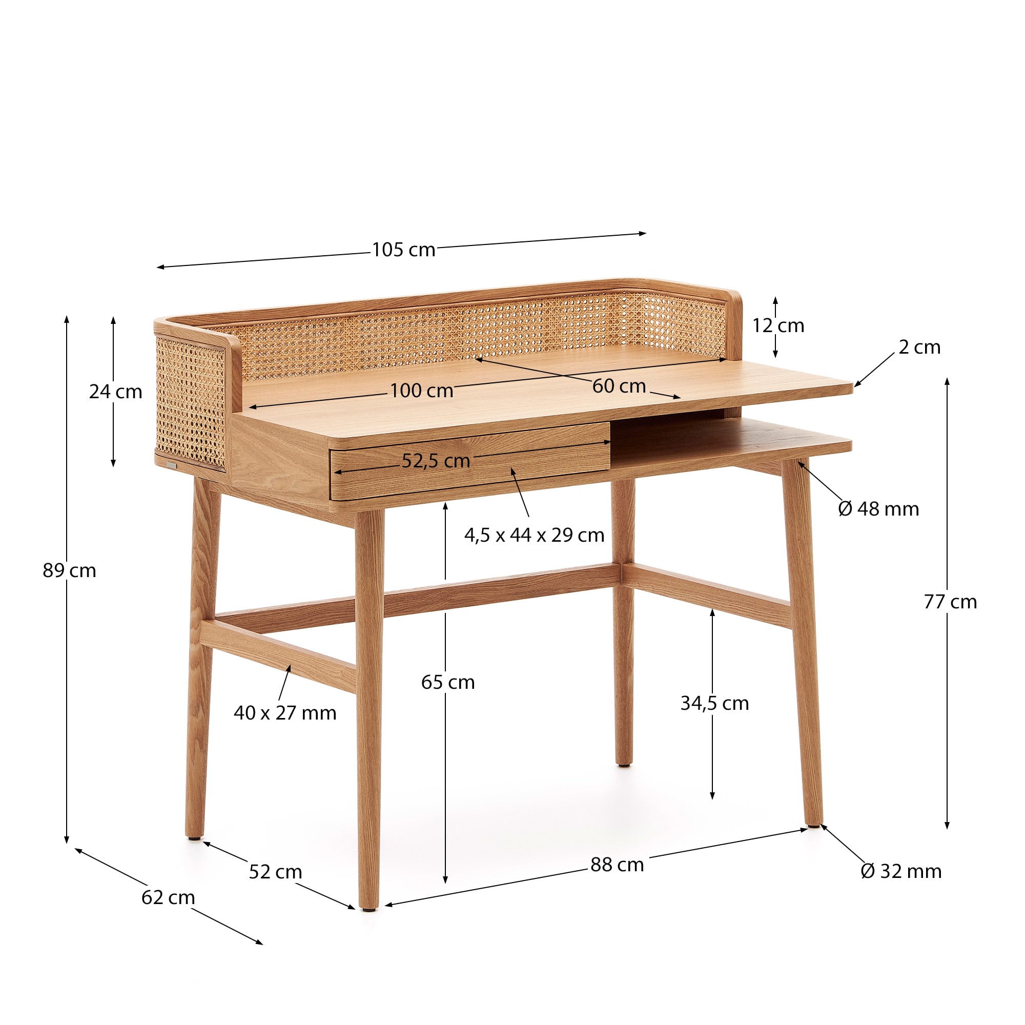 Araxi table in veneer, solid ash wood and rattan 105 x 62 cm
