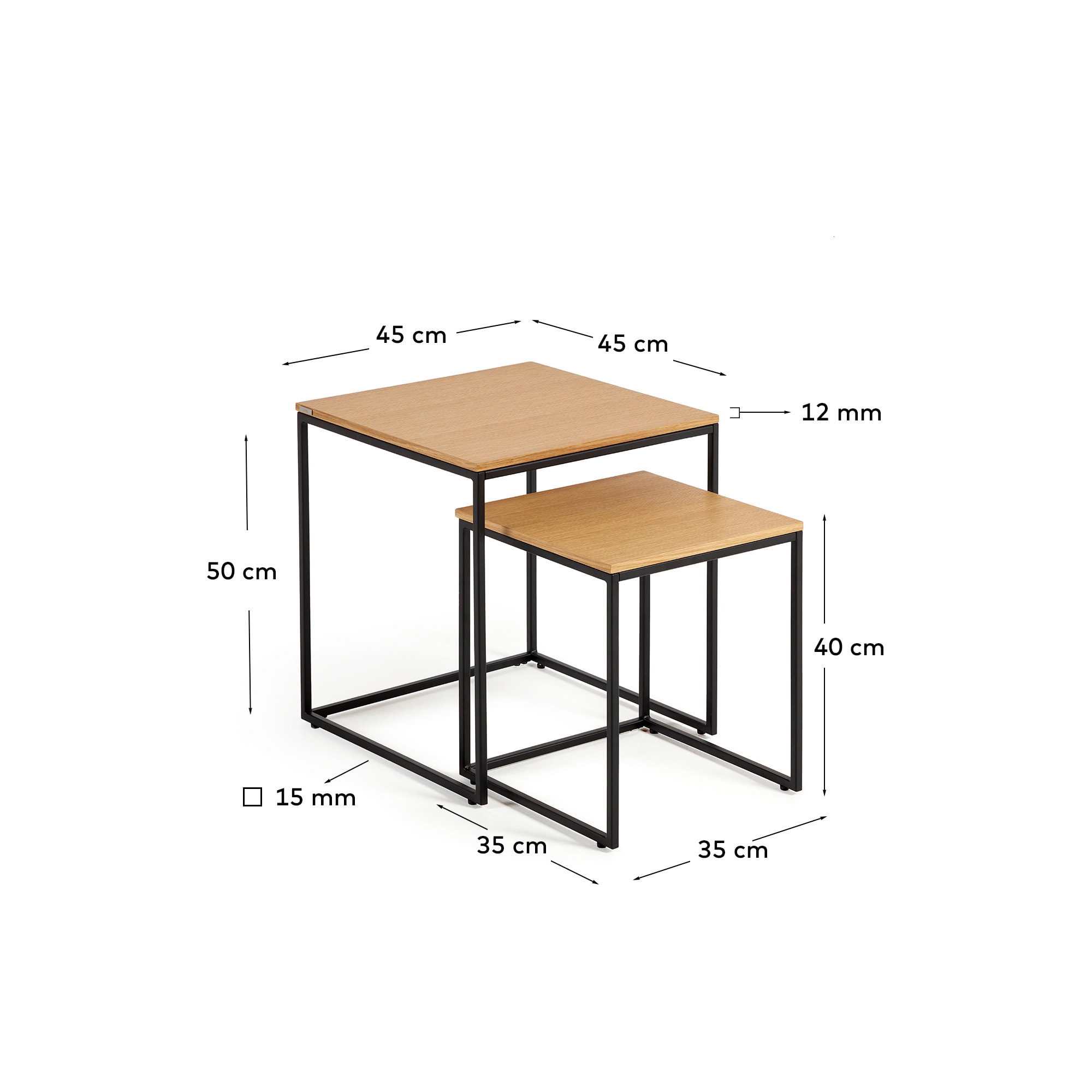Yoana set of 2 nesting side tables with oak wood veneer and black painted metal structure