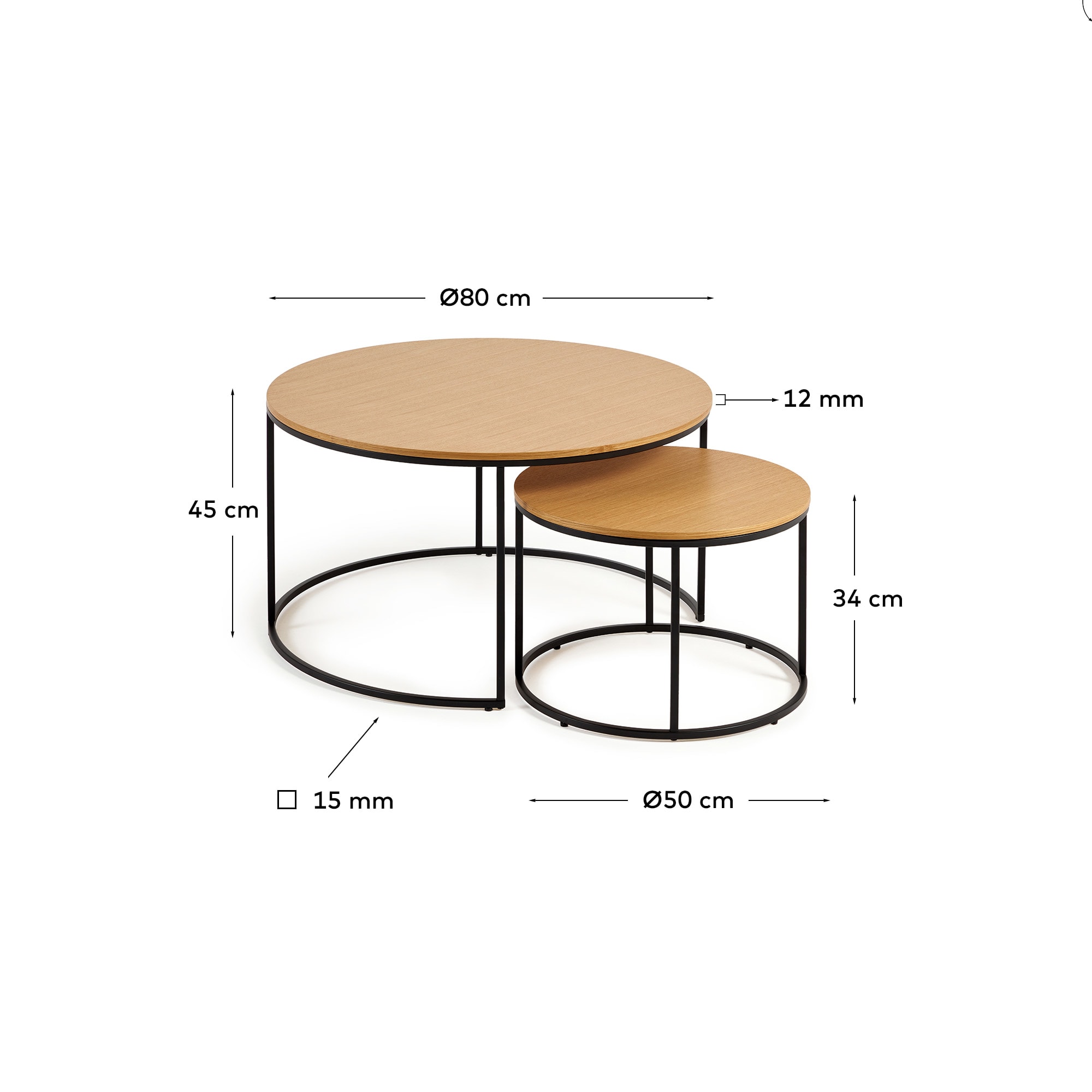 Yoana set of 2 nesting side tables with oak wood veneer & black metal, Ø 80 cm / Ø 50 cm